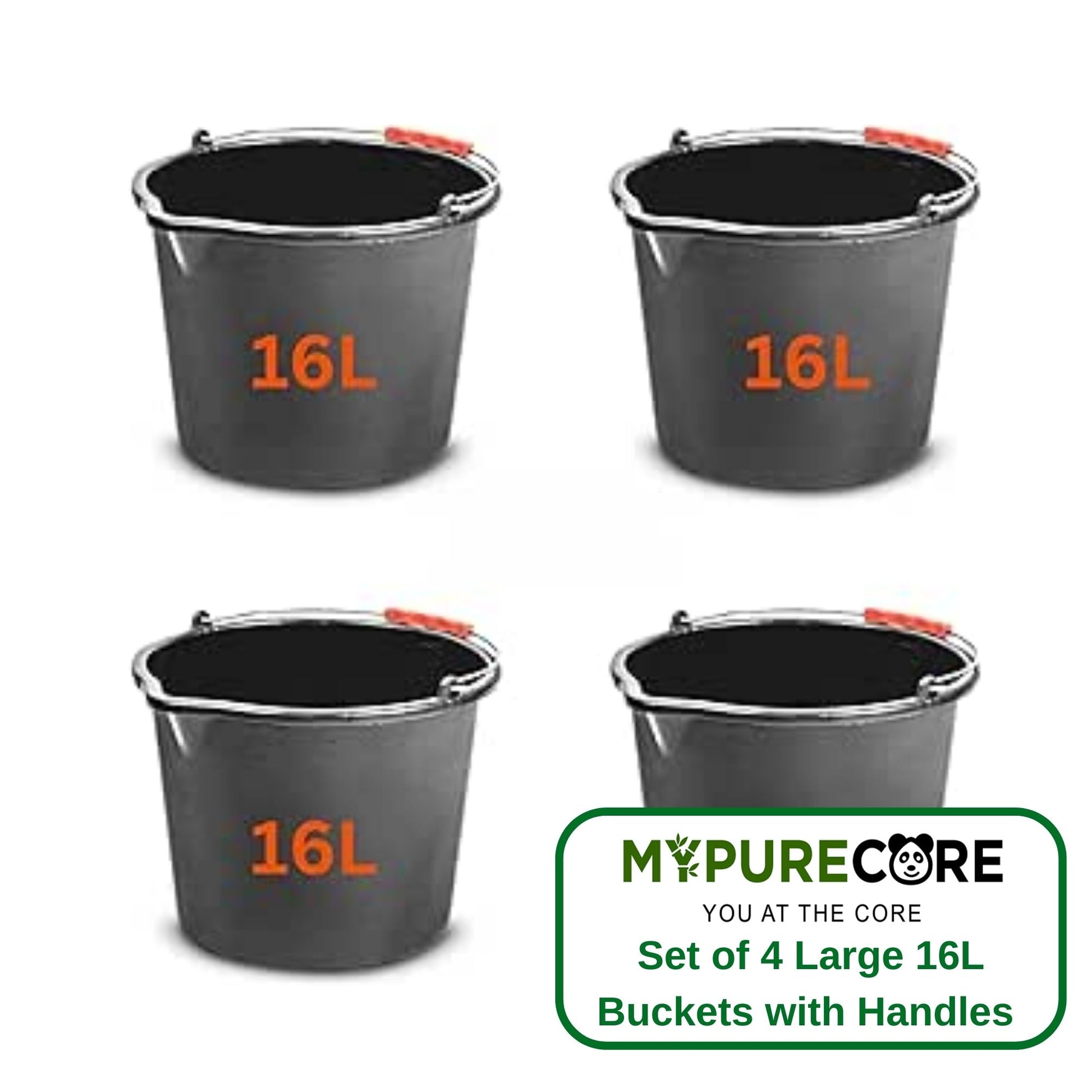 Set of 4 Large 16L (4.2 Gallon) Black Plastic Buckets with Handles - Sturdy Multipurpose Containers with Measuring Scale