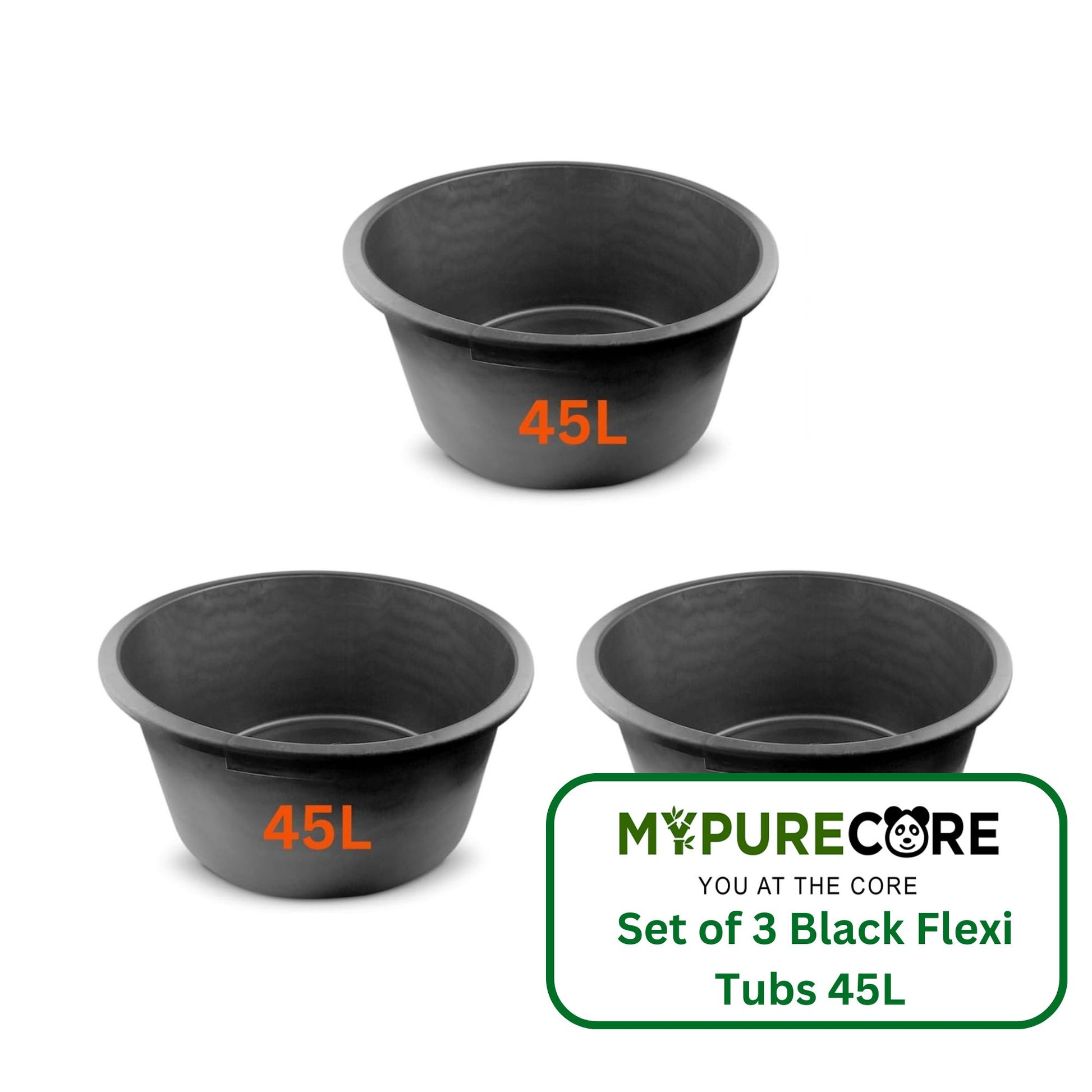 Set of 3 Flexi Tubs 45L Black - Sturdy Heavy Duty Large Plastic Buckets with Handles - Builders, Garden, Home Storage Containers