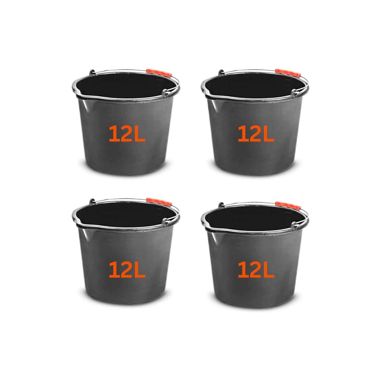Set of 4 12L (3.1 Gallon) Black Plastic Bucket with Handles - Sturdy Water Bucket, Big Bucket with Measuring Scale