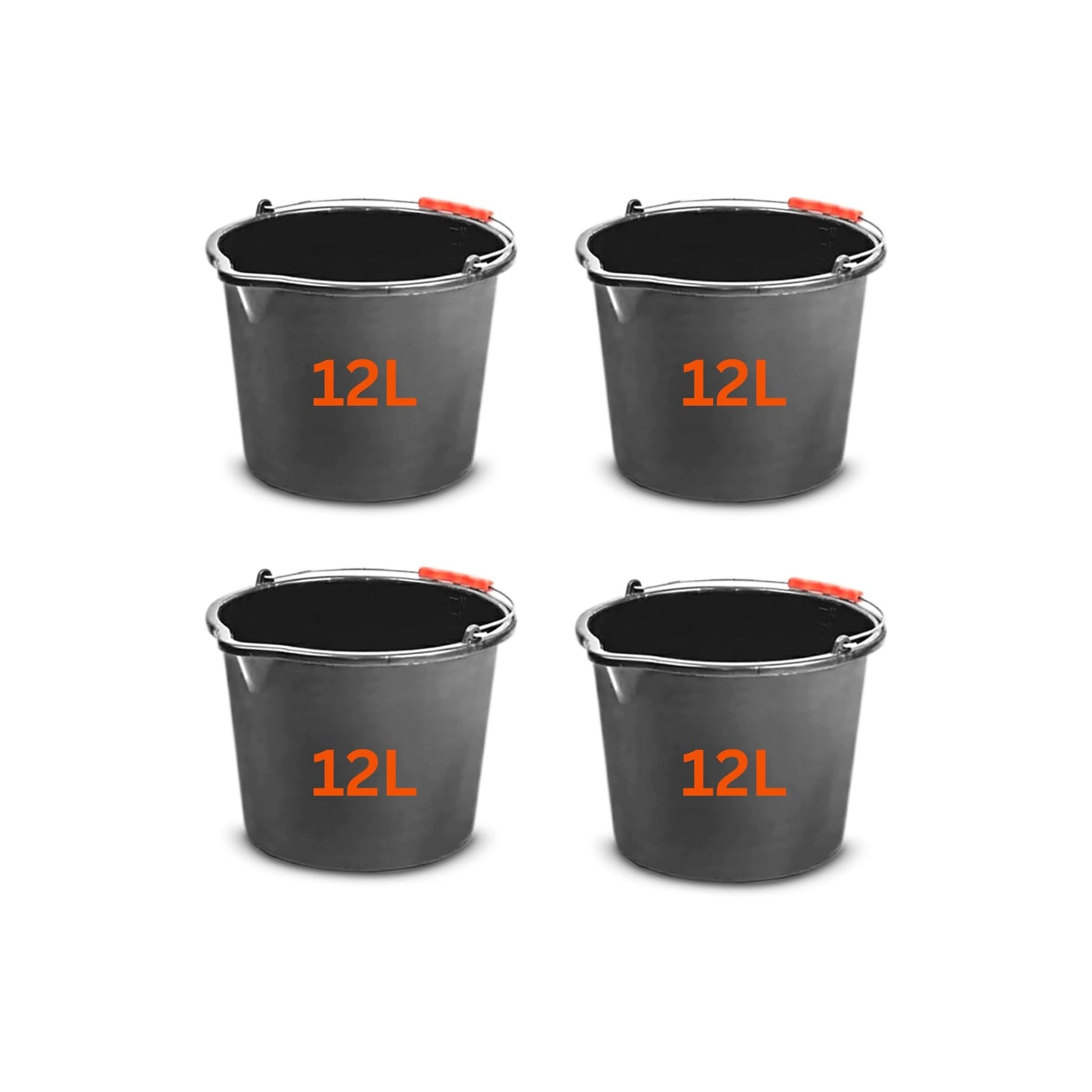 Set of 4 12L (3.1 Gallon) Black Plastic Bucket with Handles - Sturdy Water Bucket, Big Bucket with Measuring Scale
