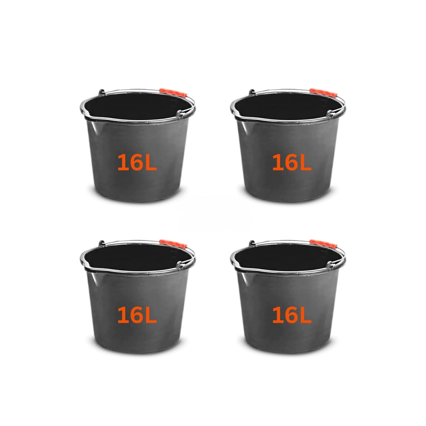 Set of 4 Large 16L (4.2 Gallon) Black Plastic Buckets with Handles - Sturdy Multipurpose Containers with Measuring Scale