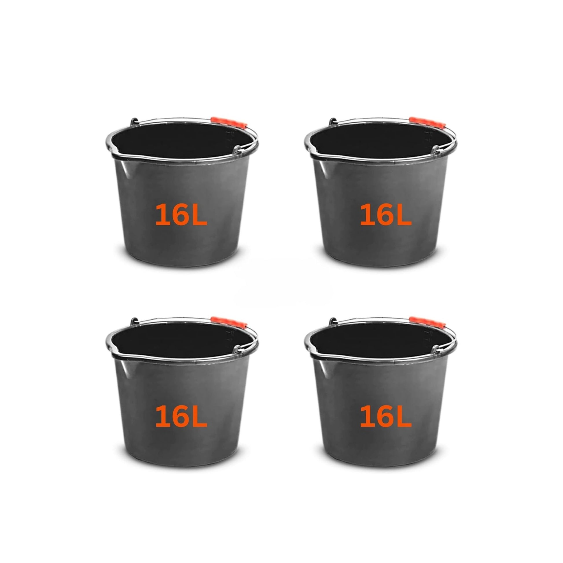 Set of 4 Large 16L (4.2 Gallon) Black Plastic Buckets with Handles - Sturdy Multipurpose Containers with Measuring Scale