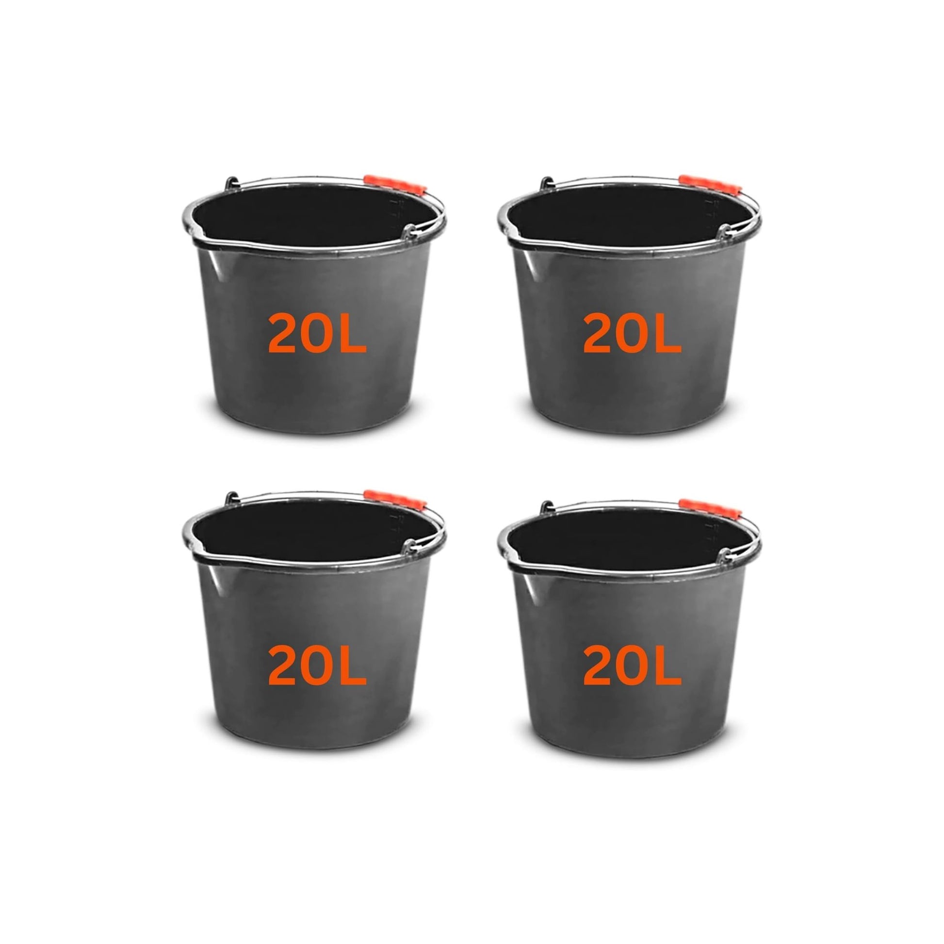 Set of 4 Large 20L (5.2 Gallon) Black Plastic Buckets with Handles - Sturdy Multipurpose Containers with Measuring Scale