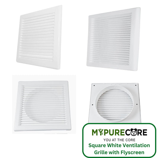 Square White Ventilation Grille with Flyscreen - Round Ø 100mm – 4 inch Rear Spigot