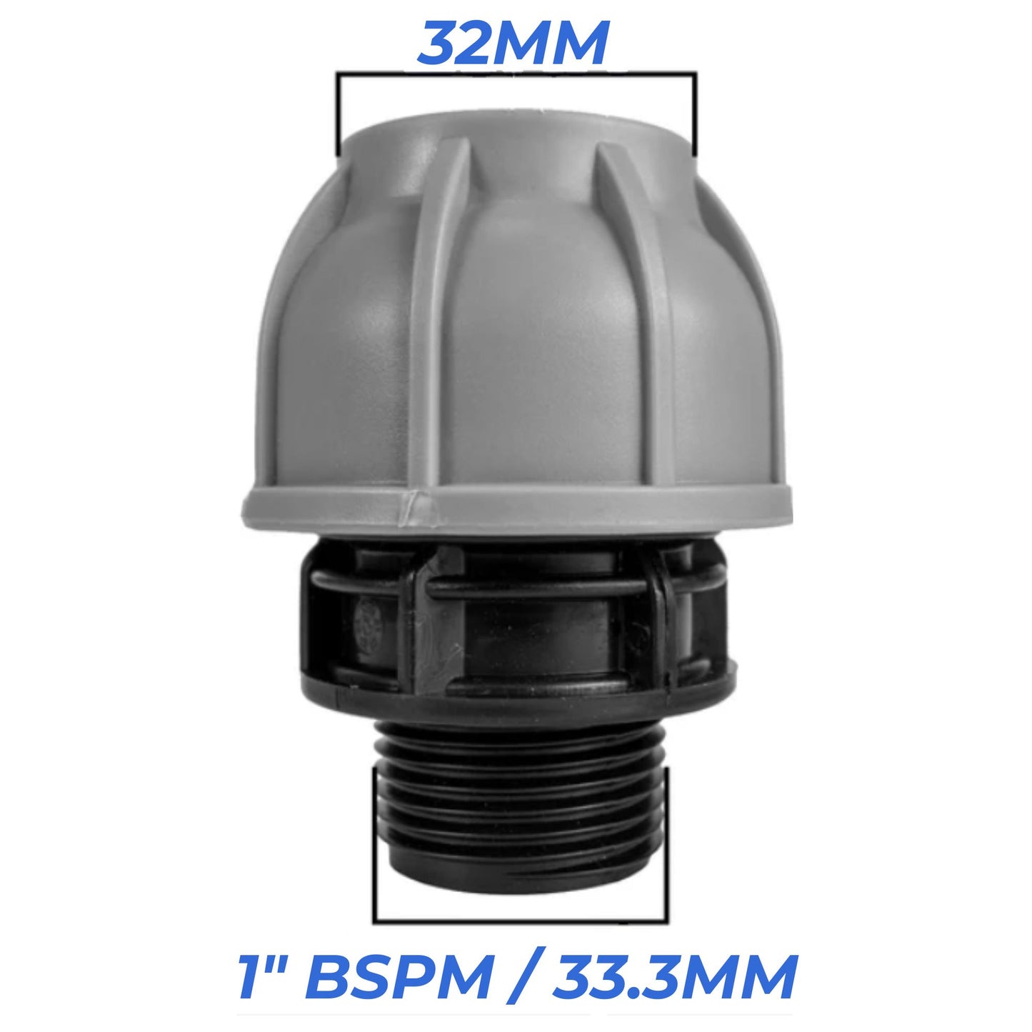 32 mm MDPE Compression Connector Fittings, LDPE Water Pipe - Straight, Elbow, Tee, Wall Flange, Stop, Valve