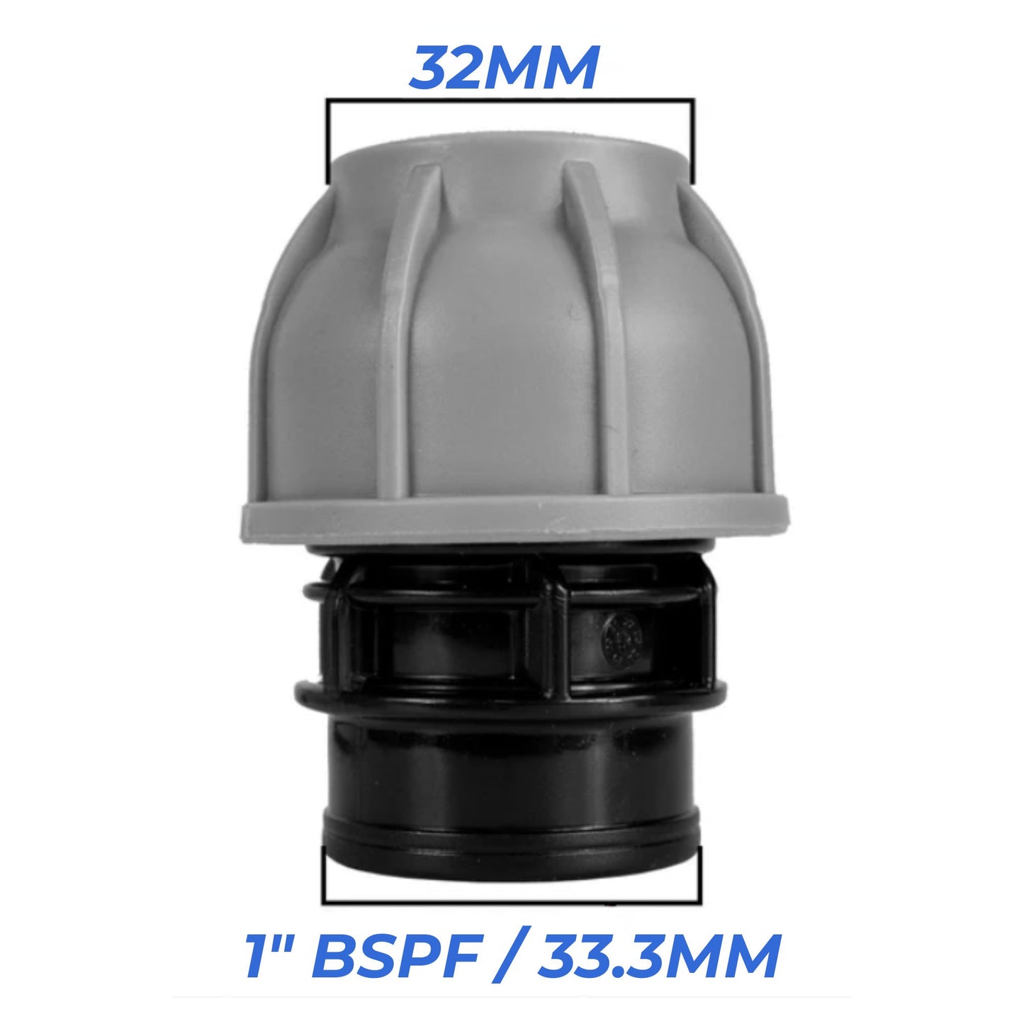 32 mm MDPE Compression Connector Fittings, LDPE Water Pipe - Straight, Elbow, Tee, Wall Flange, Stop, Valve
