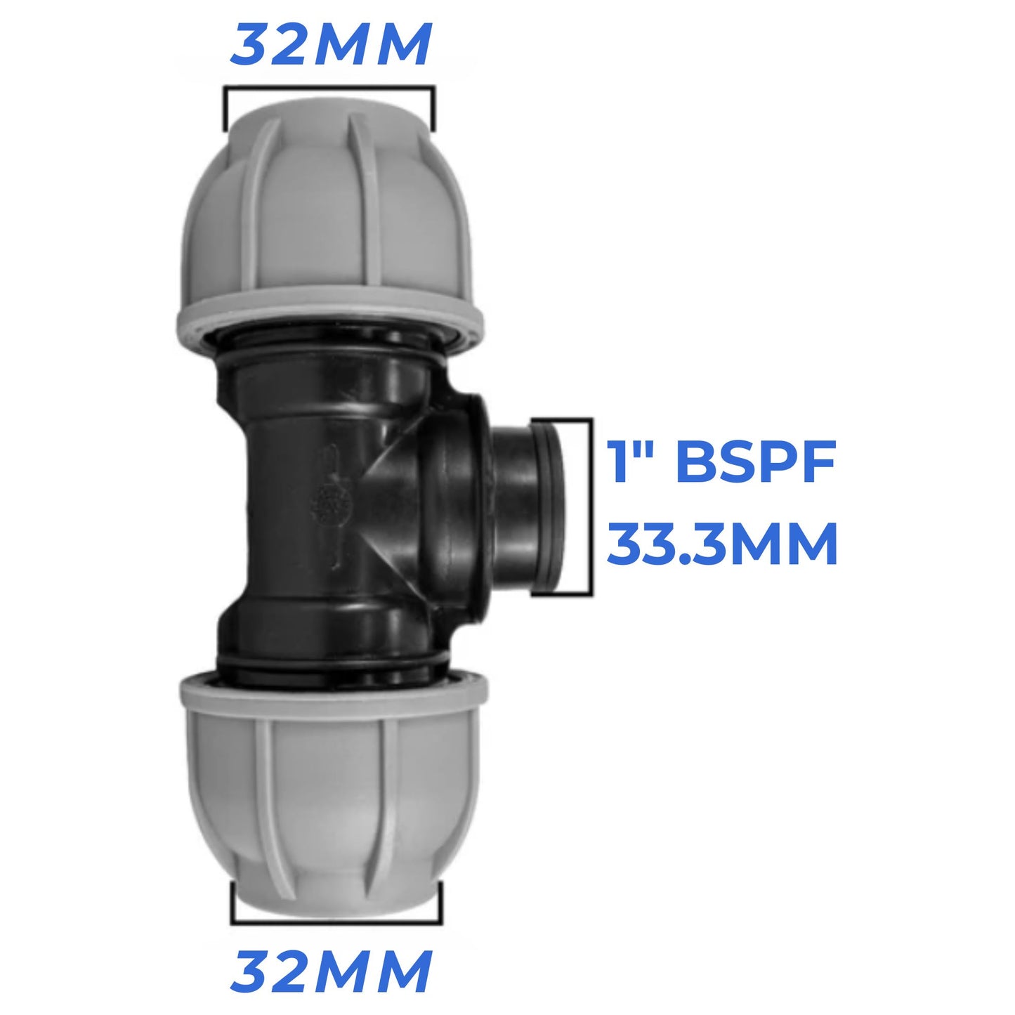 32 mm MDPE Compression Connector Fittings, LDPE Water Pipe - Straight, Elbow, Tee, Wall Flange, Stop, Valve