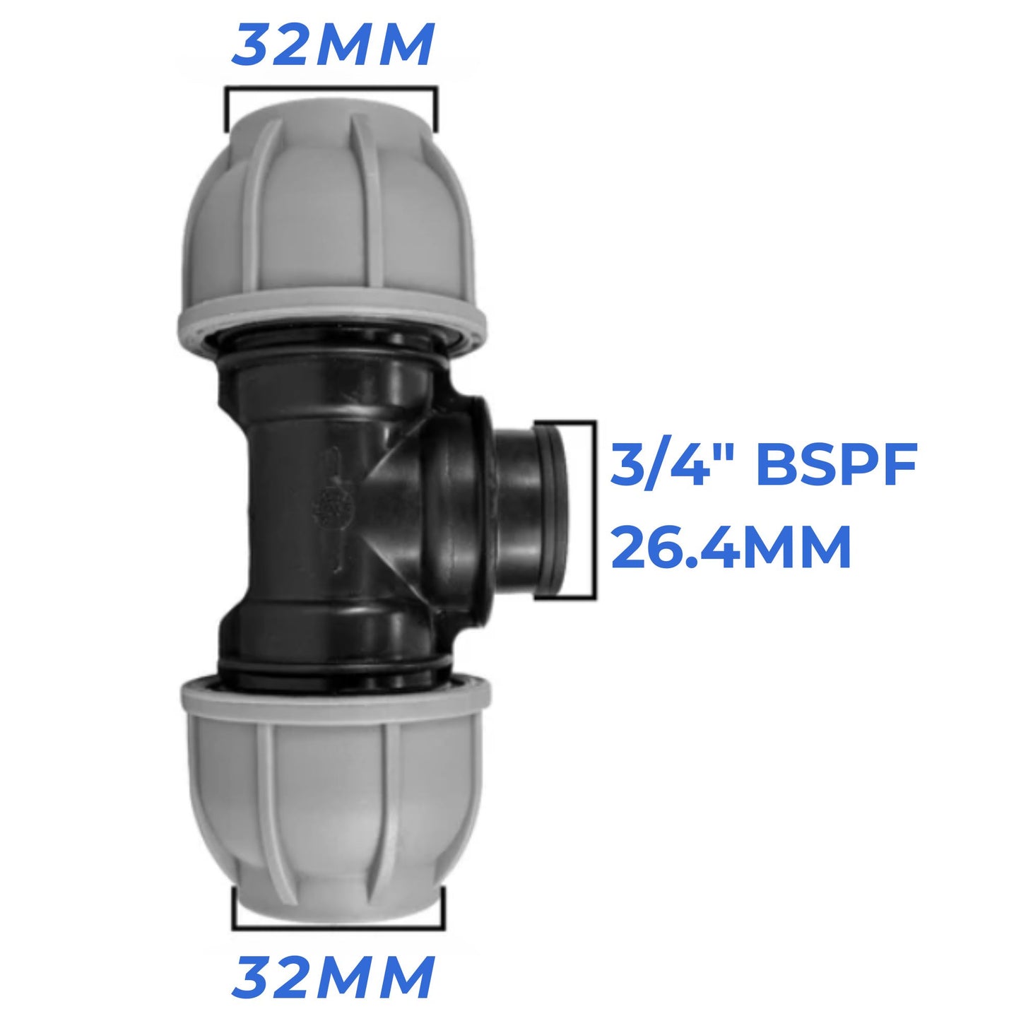32 mm MDPE Compression Connector Fittings, LDPE Water Pipe - Straight, Elbow, Tee, Wall Flange, Stop, Valve