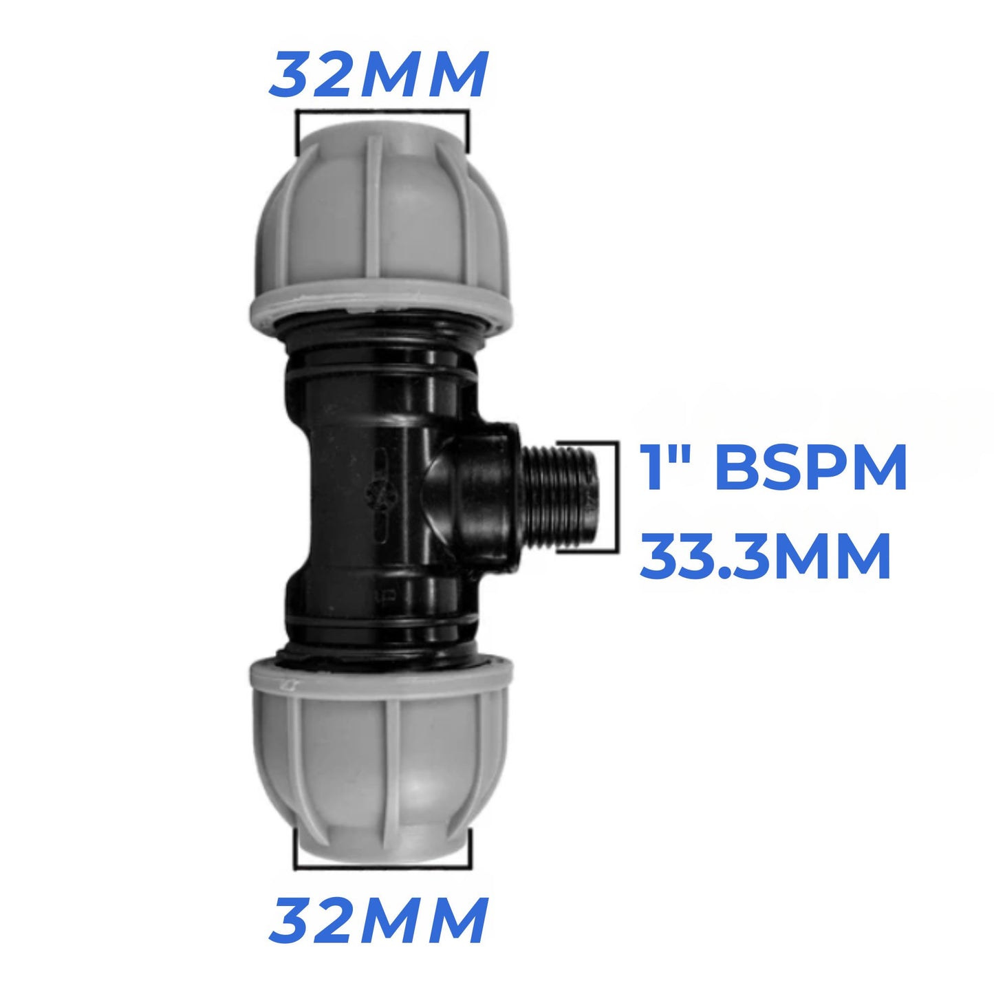 32 mm MDPE Compression Connector Fittings, LDPE Water Pipe - Straight, Elbow, Tee, Wall Flange, Stop, Valve