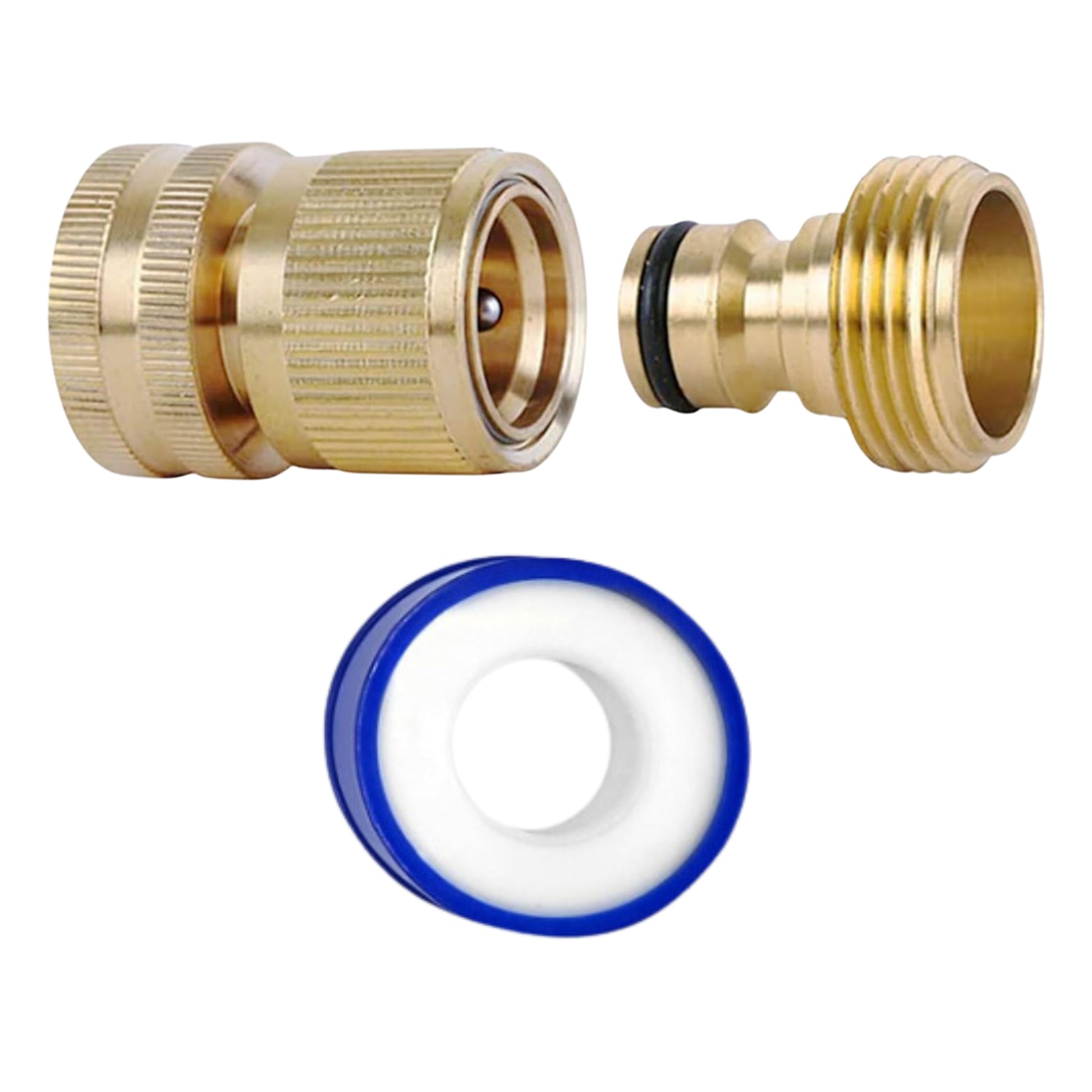 Brass Hose Connector Set - 3/4 Inch Female Thread Tap & Male Quick Connectors + PTFE Tape | Universal Outdoor Tap Adapter for Garden Hoses & Fittings | Leak-Free, Garden & Hose Accessories
