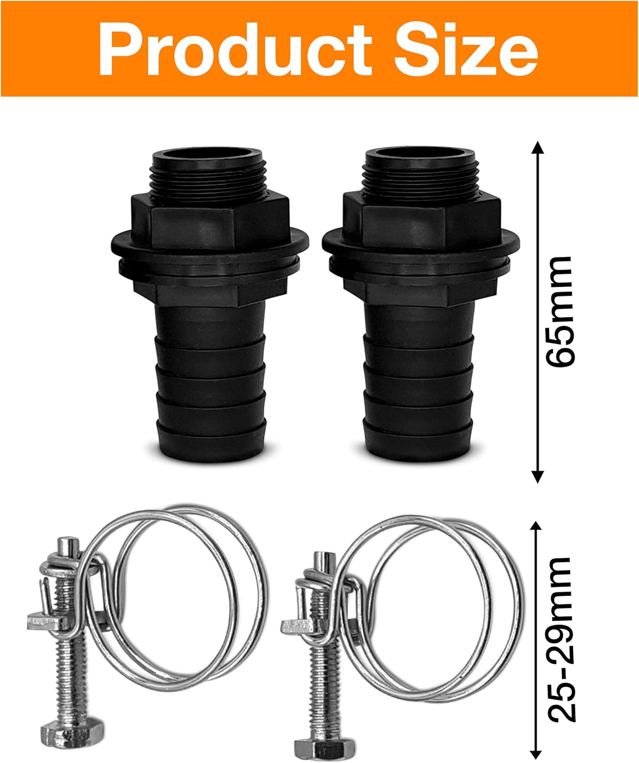 25mm 1 inch Water Butt Connector Kit – Heavy Duty Water Tank Outlet Connector Pack of 2 with 2 Double Wire Metal Clips