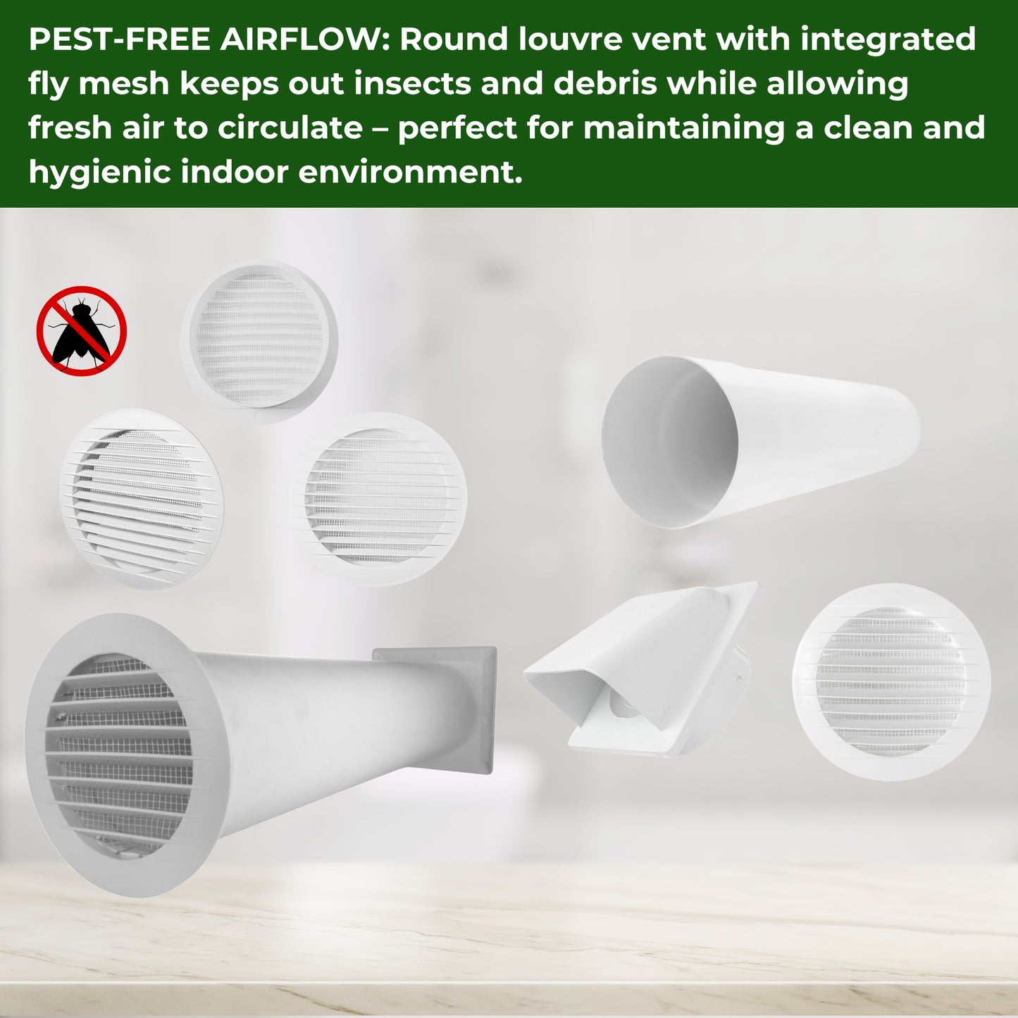 Through Wall Ventilation Kit – Round Louvre Vent with Fly Mesh, 50cm Rigid Duct Pipe & White External Hooded Cover with Damper – Durable Wall Air Vent for Bathroom, Kitchen & Home Use
