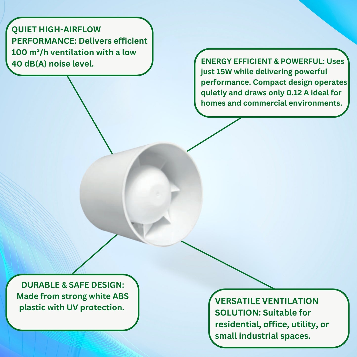 Quiet 100mm In-Line Extractor Fan – High Airflow Bathroom Ventilation Fan for Ducting, 100 m³/h, IPX2 Rated, Durable ABS Housing – Perfect for Toilet, Kitchen, Home & Office