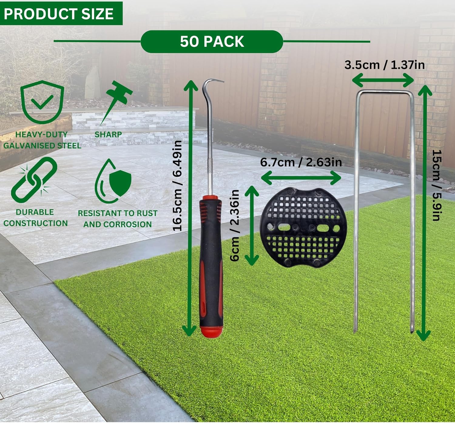 Garden Pegs with Rubber Mallet - 50 Pack Heavy Duty Galvanised Steel U-Shaped Ground Staples for Securing Weed Membrane, Artificial Grass, Fencing | Includes Hooks, Washers & Mallet
