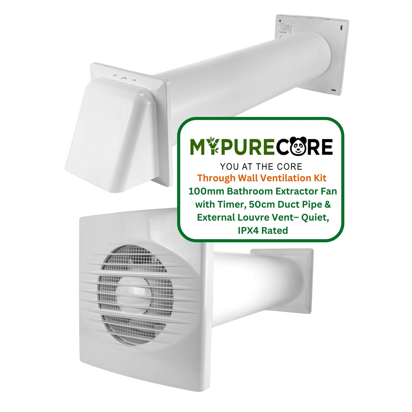 Through Wall Ventilation Kit – 100mm Bathroom Extractor Fan with Timer, 50cm Duct Pipe & External Louvre Vent – Quiet IPX4 Rated Fan – Ideal for Bathroom, Toilet, Kitchen, Home & Office Use