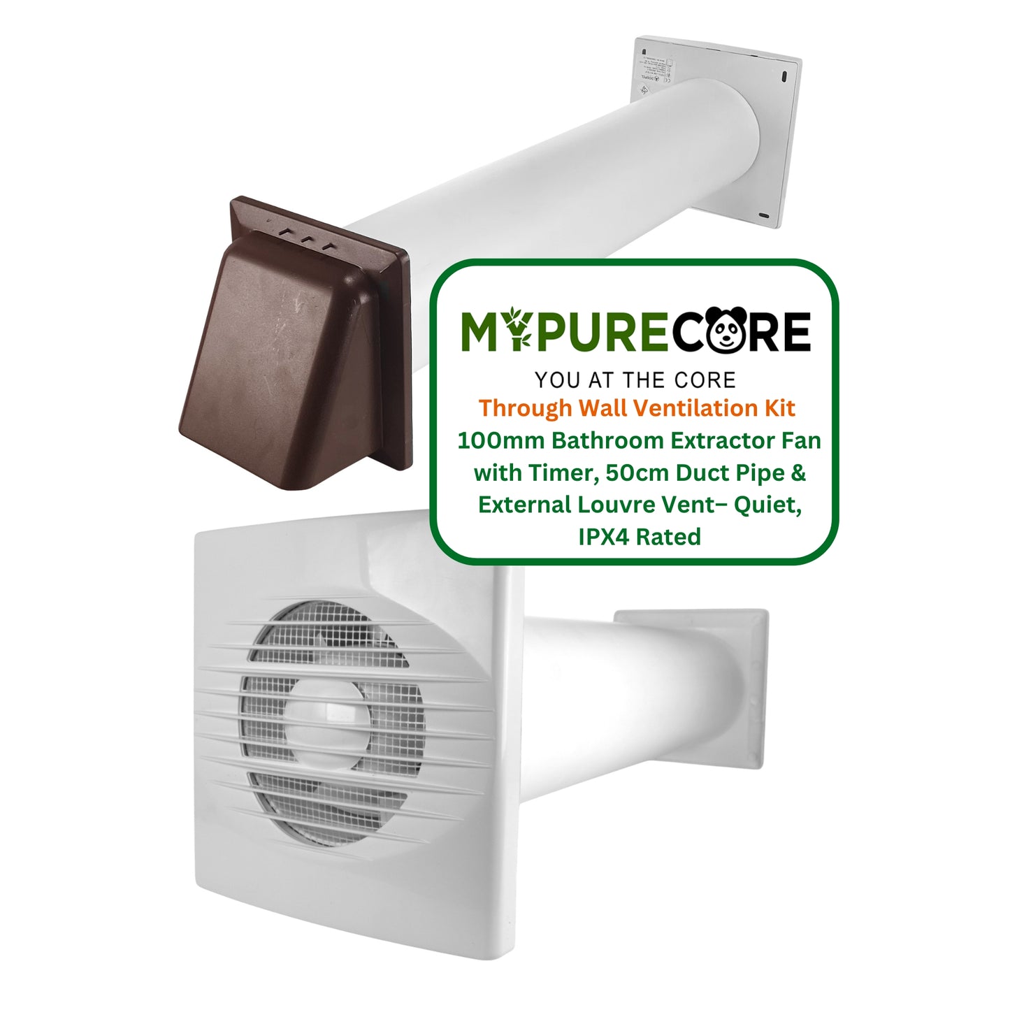 Through Wall Ventilation Kit – 100mm Bathroom Extractor Fan with Timer, 50cm Duct Pipe & External Louvre Vent – Quiet IPX4 Rated Fan – Ideal for Bathroom, Toilet, Kitchen, Home & Office Use