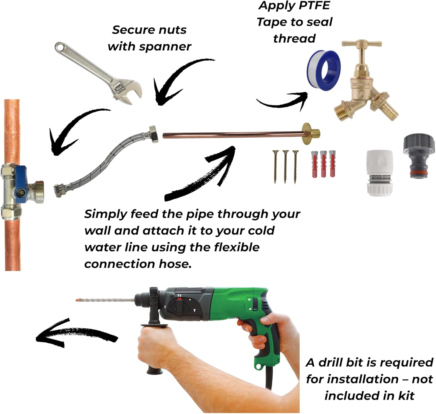 Complete Outdoor Tap Kit Brass Garden Bib Tap with Wall Plate, Flexi Hose, Isolating Tee, PTFE & Fixings - DIY Outside Tap Installation Kit for Hose, Jet Wash, Garden Water Access