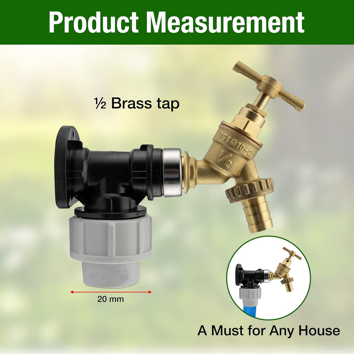 20mm MDPE Wall Flange Kit 3/4" Brass Garden Tap + Click-Lock Hose Fitting PTFE