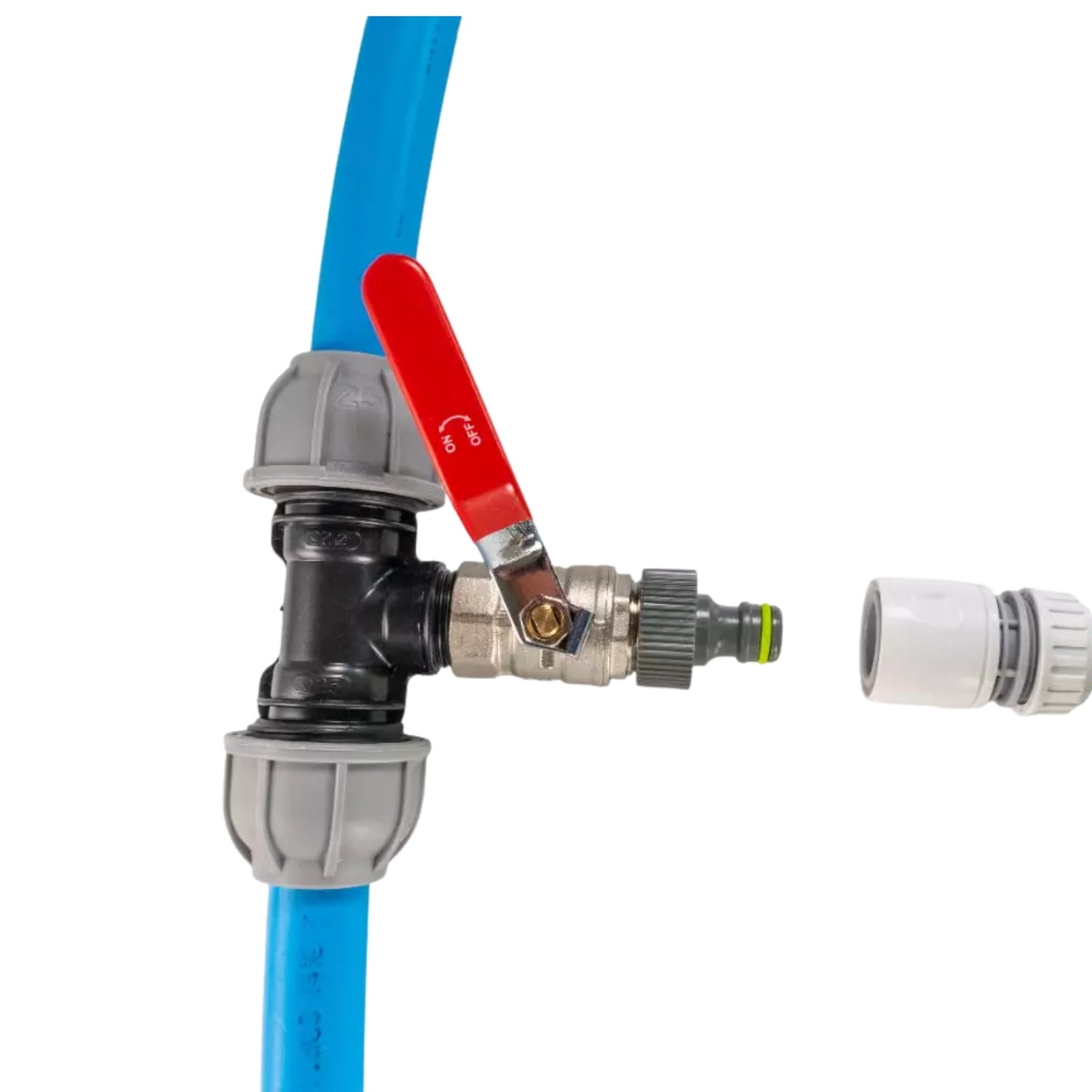 MDPE Tee-Off with Full Flow Metal Valve & Universal Hose Connector – 20mm / 25mm / 32mm