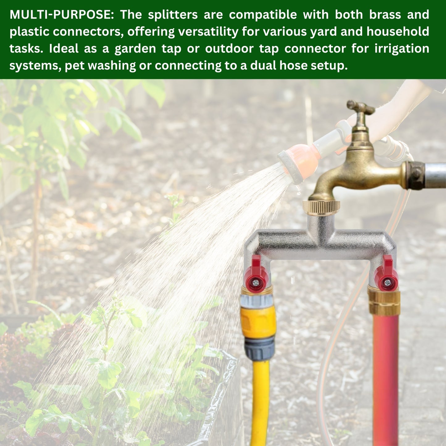 Brass 2-Way Garden Hose Tap Splitter with 2 Faucet Adapters & PTFE Tape – Durable 3/4" Outdoor Tap Connector with Individual Valves | Brass Hose Connector for Garden, Kitchen & Outdoor Use