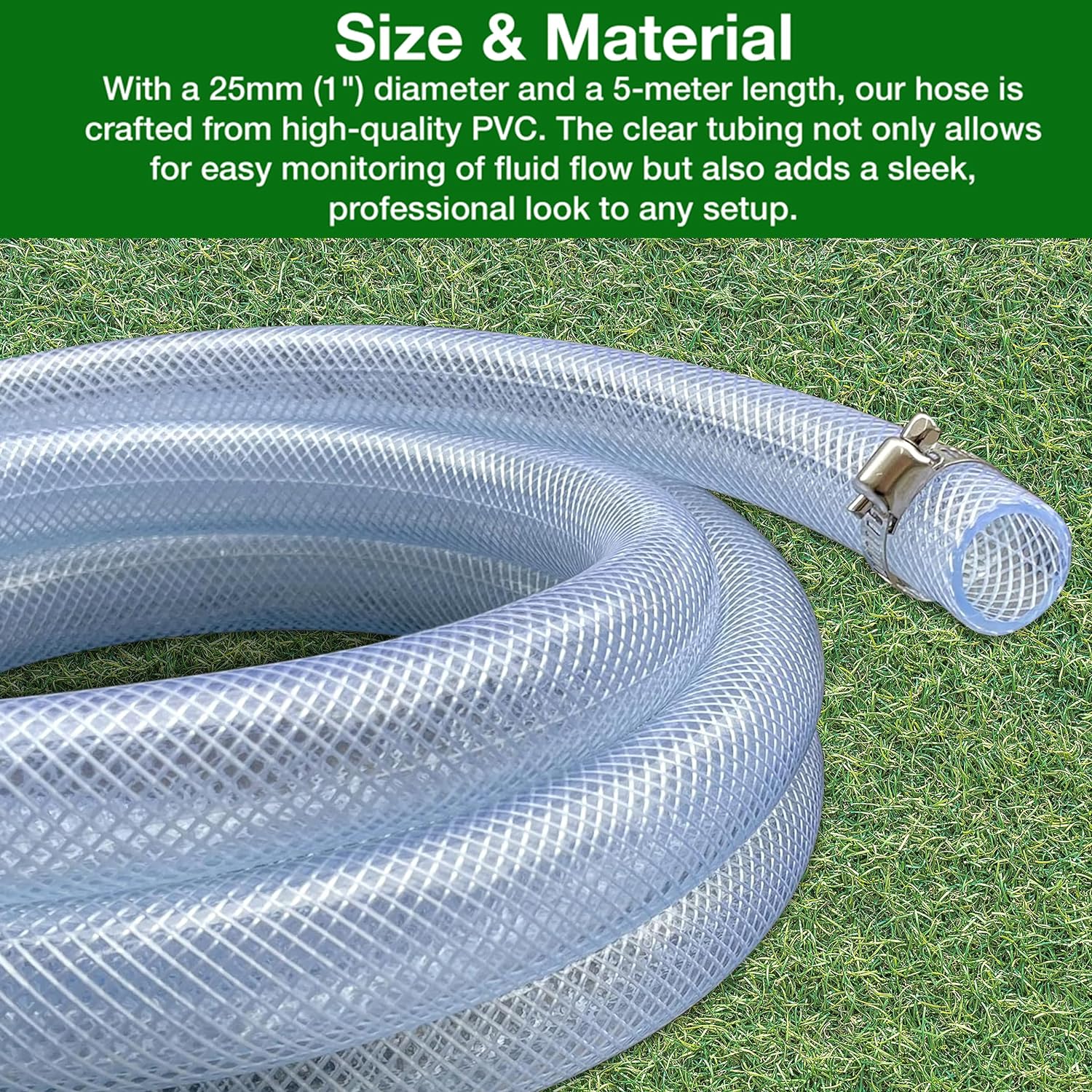 25mm (1") Clear Braided PVC Hose - 5m, Food Grade for Water, Airline, Compressor, Drain Down - Includes 2 Stainless Hose Clips