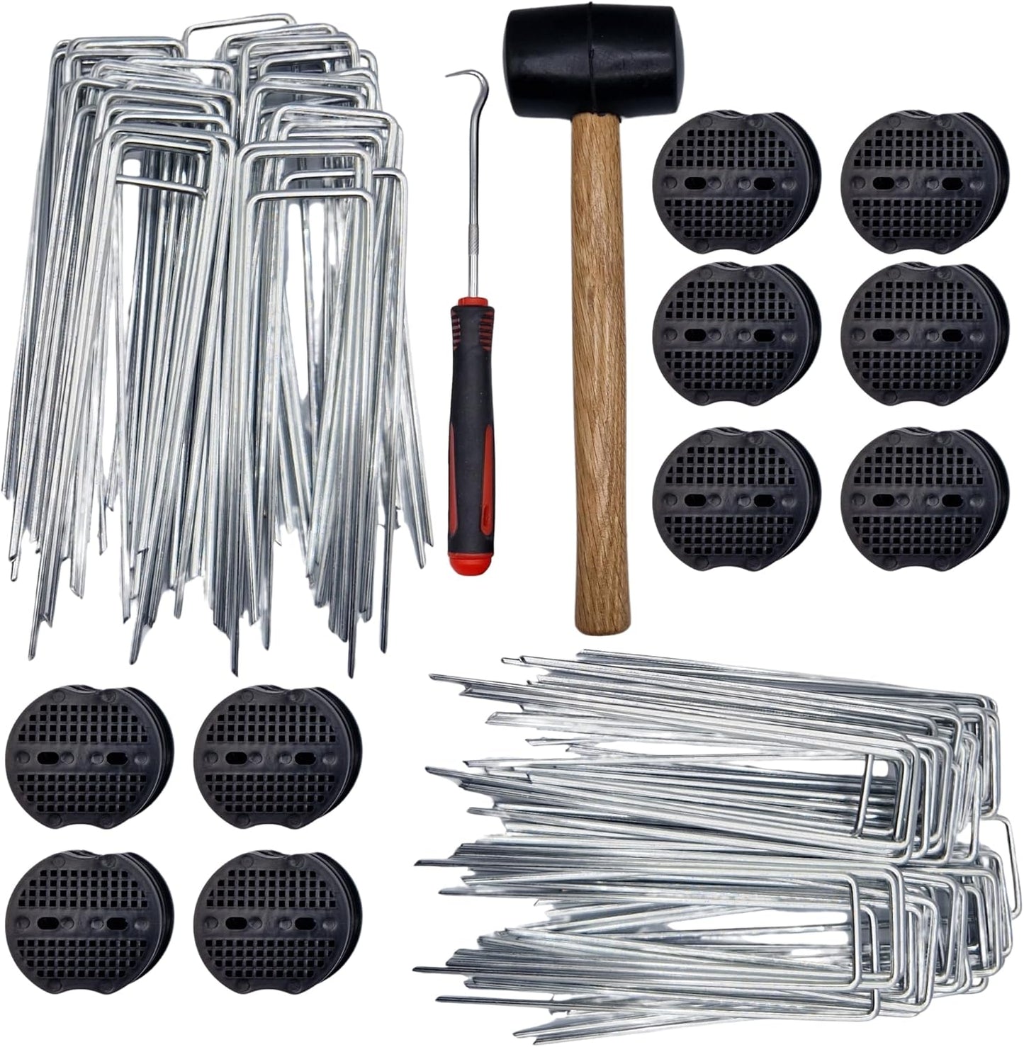 Garden Pegs with Rubber Mallet - 50 Pack Heavy Duty Galvanised Steel U-Shaped Ground Staples for Securing Weed Membrane, Artificial Grass, Fencing | Includes Hooks, Washers & Mallet