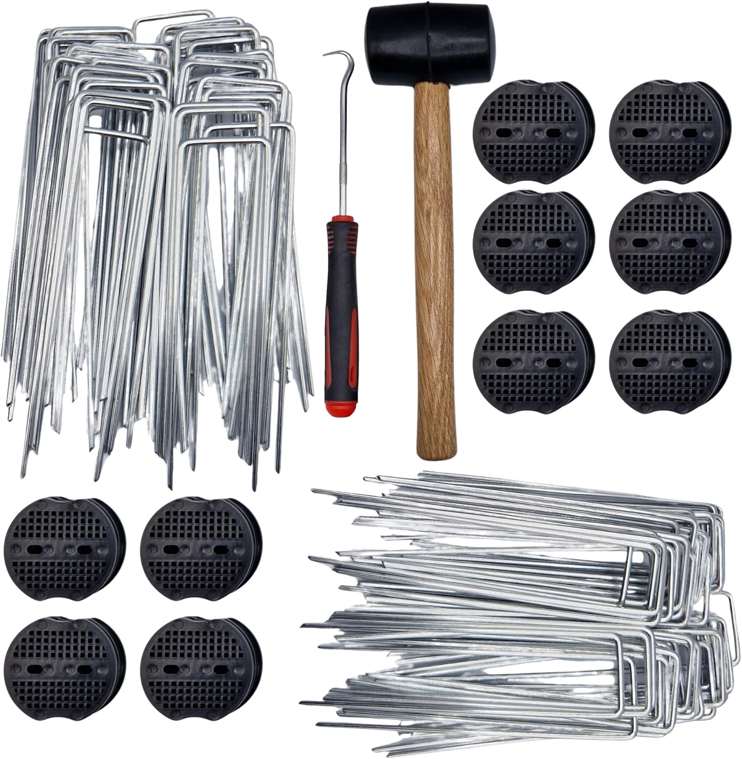 Garden Pegs with Rubber Mallet - 50 Pack Heavy Duty Galvanised Steel U-Shaped Ground Staples for Securing Weed Membrane, Artificial Grass, Fencing | Includes Hooks, Washers & Mallet