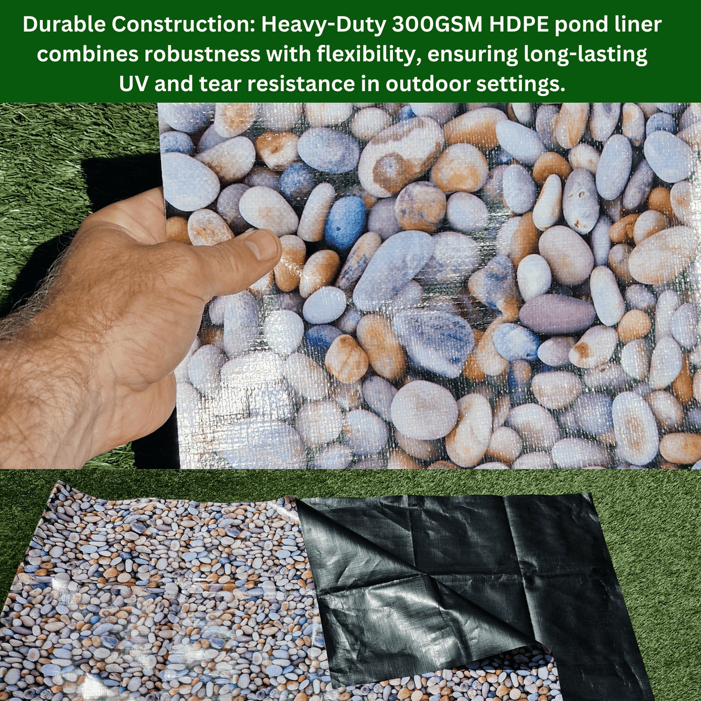 Heavy-Duty 300GSM Pond Liner - Premium HDPE Liner with Pebble Design for Ponds, Waterfalls & Fountains – UV & Tear Resistant, Ideal for Garden Koi Ponds & Water Features