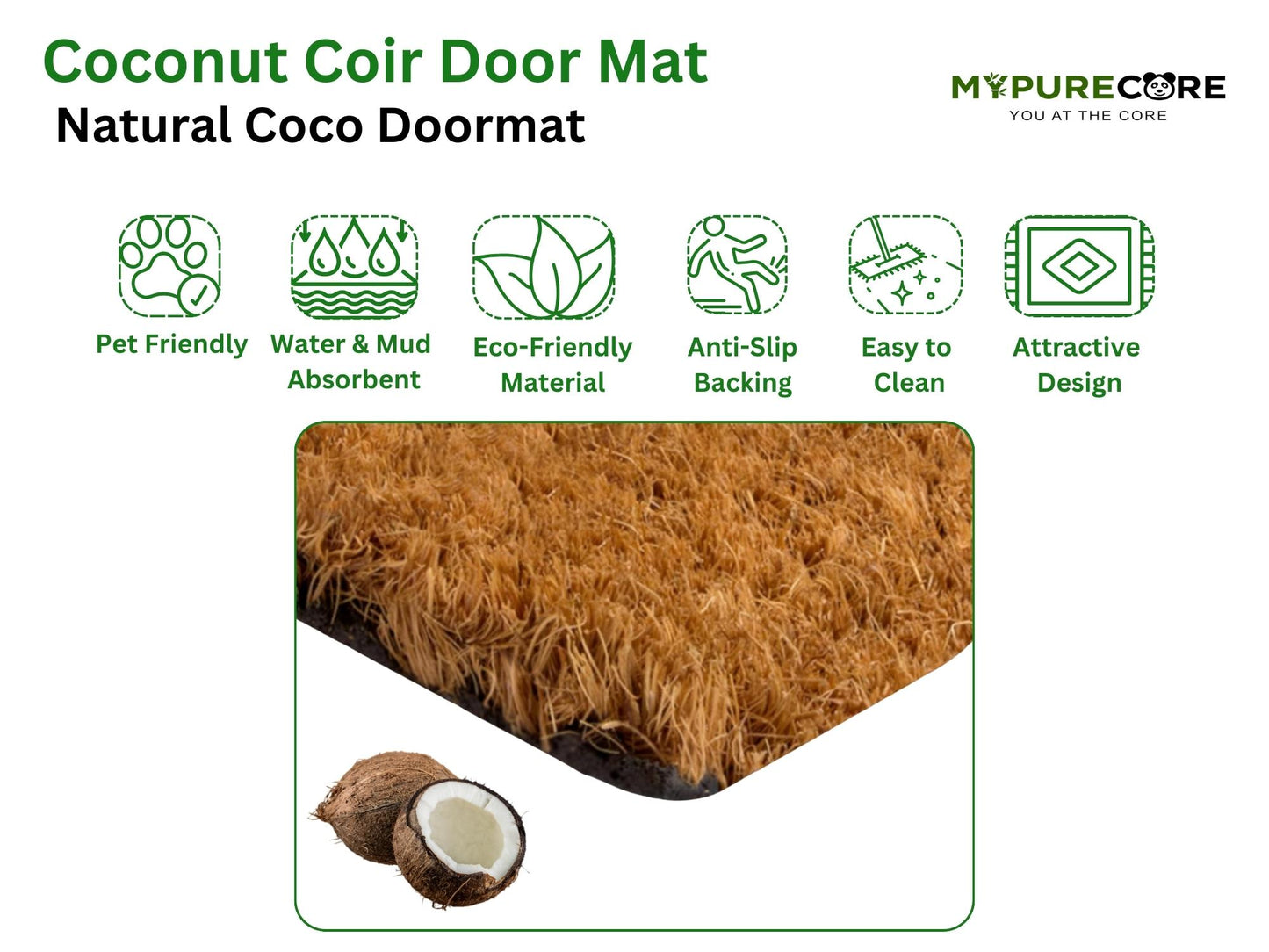 Coir Door Mat (60x40cm) - Non-Slip & Absorbent, Indoor/Outdoor, Eco-Friendly