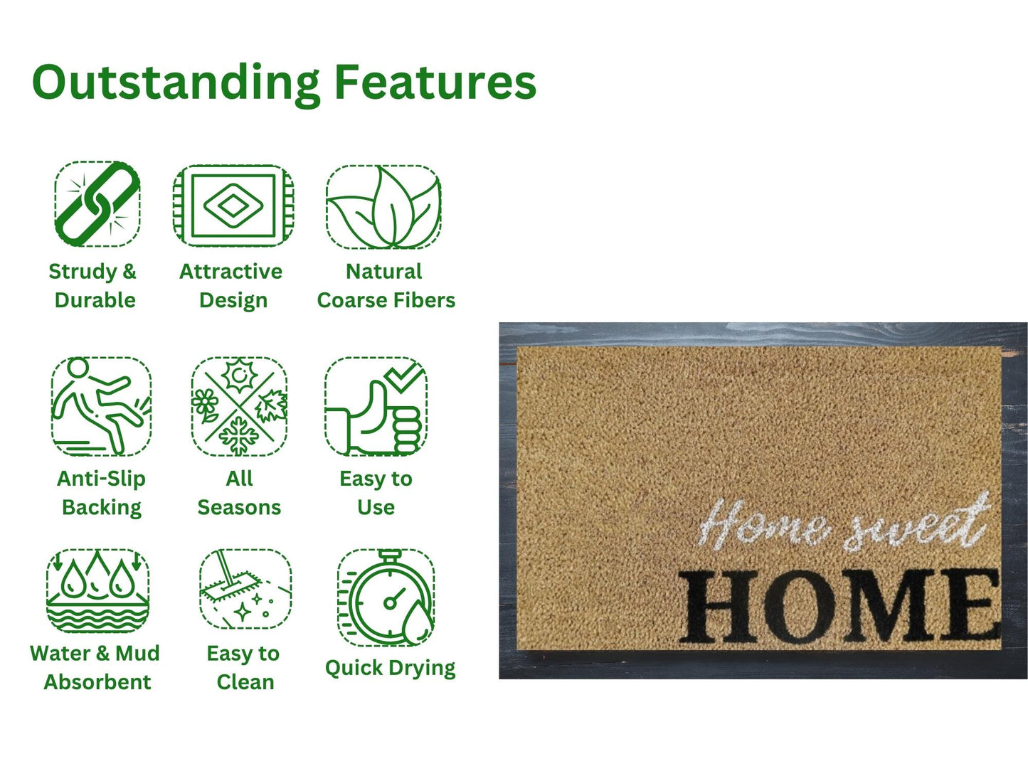 Coir Door Mat (60x40cm) - Non-Slip & Absorbent, Indoor/Outdoor, Eco-Friendly