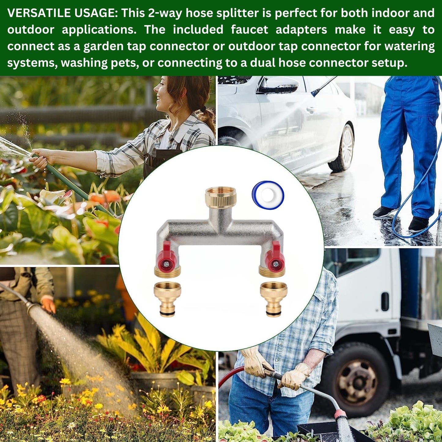 Brass 2-Way Garden Hose Tap Splitter with 2 Faucet Adapters & PTFE Tape – Durable 3/4" Outdoor Tap Connector with Individual Valves | Brass Hose Connector for Garden, Kitchen & Outdoor Use