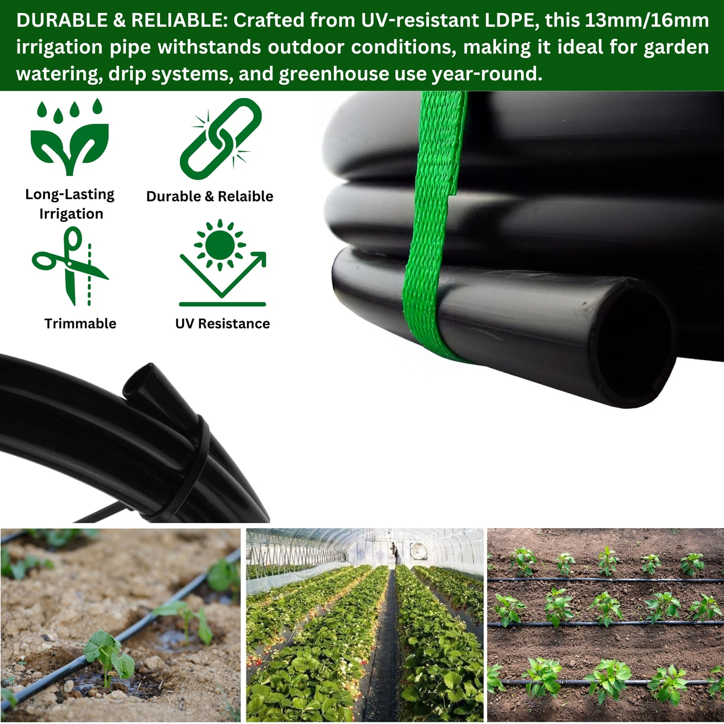 Irrigation Pipe 13mm / 16mm LDPE Garden Watering Hose – Heavy Duty UV Resistant Black Tubing Roll for Drip System, Greenhouse, Outdoor Plant Irrigation – Flexible Hose Pipe