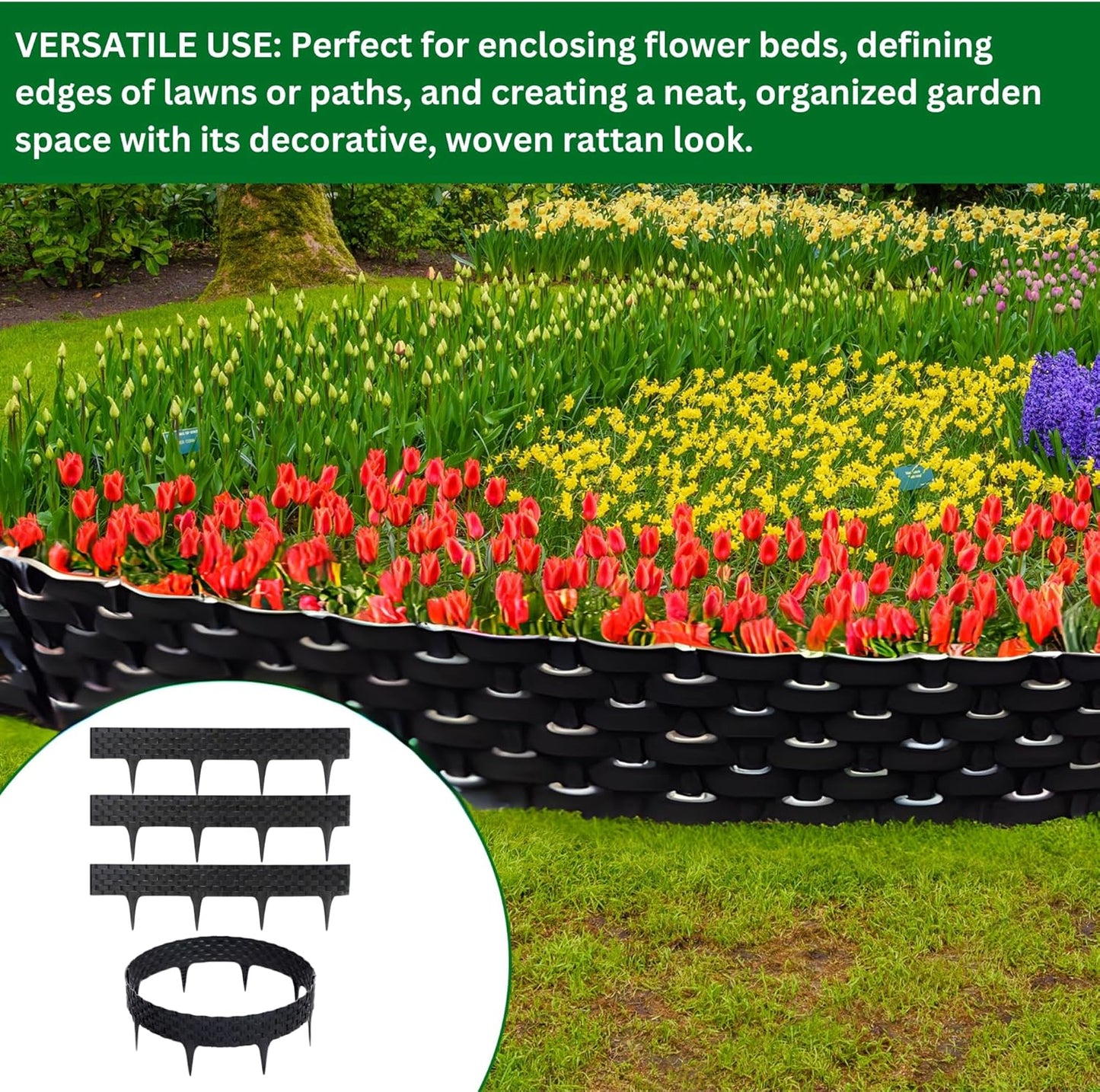 Black, Gray, Brown Rattan Effect Lawn Edging 2.4m - Flexible Plastic Garden Border for Flower Beds & Paths | Weather-Resistant & Recyclable Palisade | Easy Install Edging for Grass, Gravel & Landscape