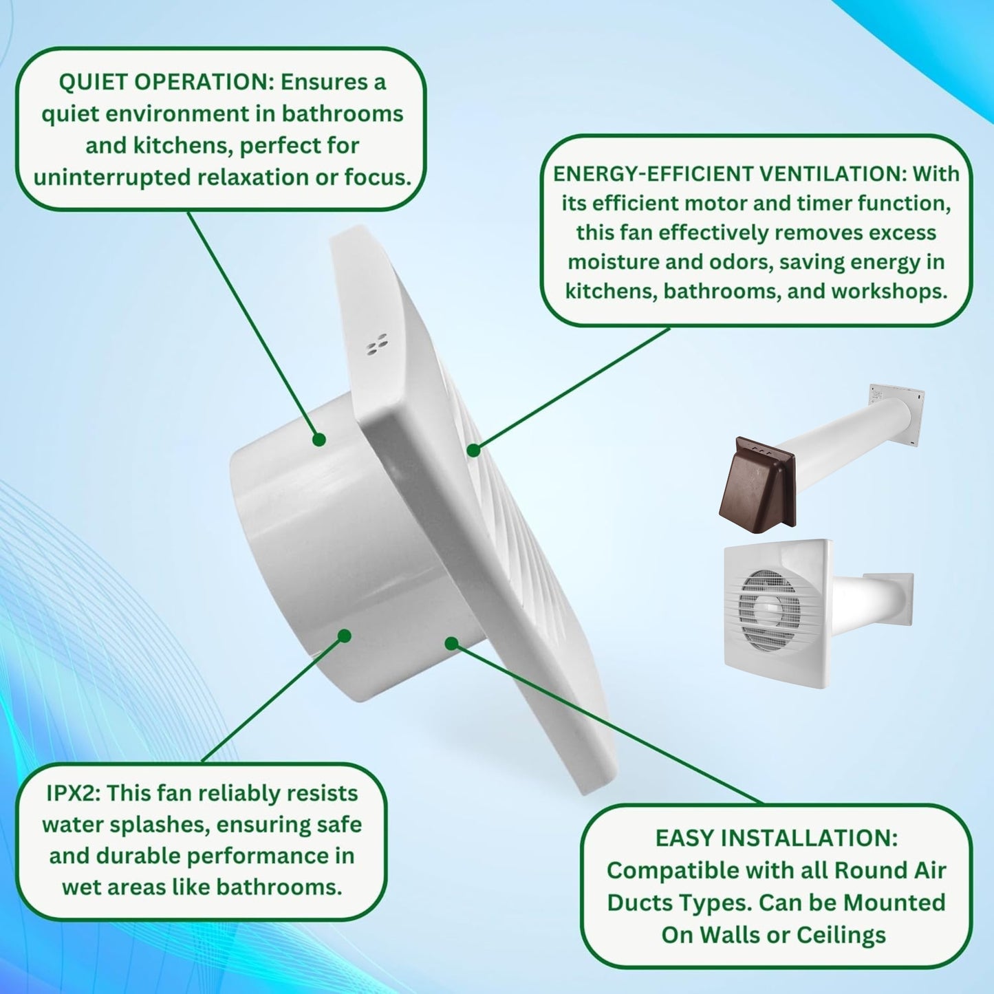 Through Wall Ventilation Kit – 100mm Bathroom Extractor Fan with Timer, 50cm Duct Pipe & External Louvre Vent – Quiet IPX4 Rated Fan – Ideal for Bathroom, Toilet, Kitchen, Home & Office Use