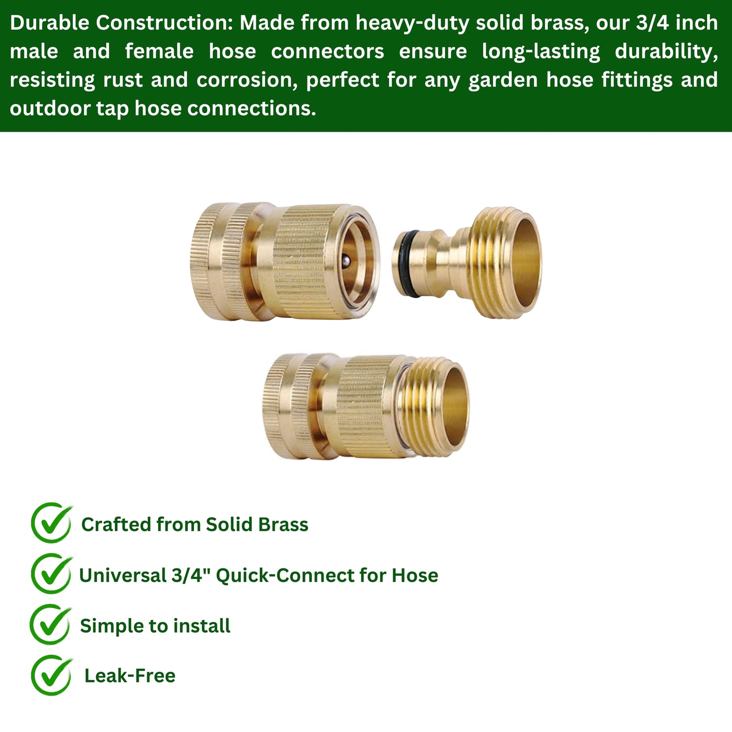 Brass Hose Connector Set - 3/4 Inch Female Thread Tap & Male Quick Connectors + PTFE Tape | Universal Outdoor Tap Adapter for Garden Hoses & Fittings | Leak-Free, Garden & Hose Accessories