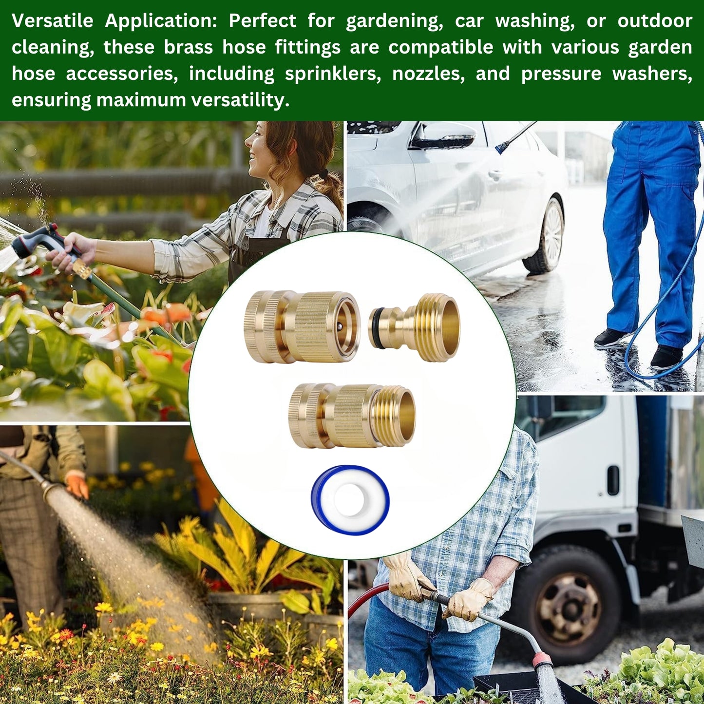 Brass Hose Connector Set - 3/4 Inch Female Thread Tap & Male Quick Connectors + PTFE Tape | Universal Outdoor Tap Adapter for Garden Hoses & Fittings | Leak-Free, Garden & Hose Accessories