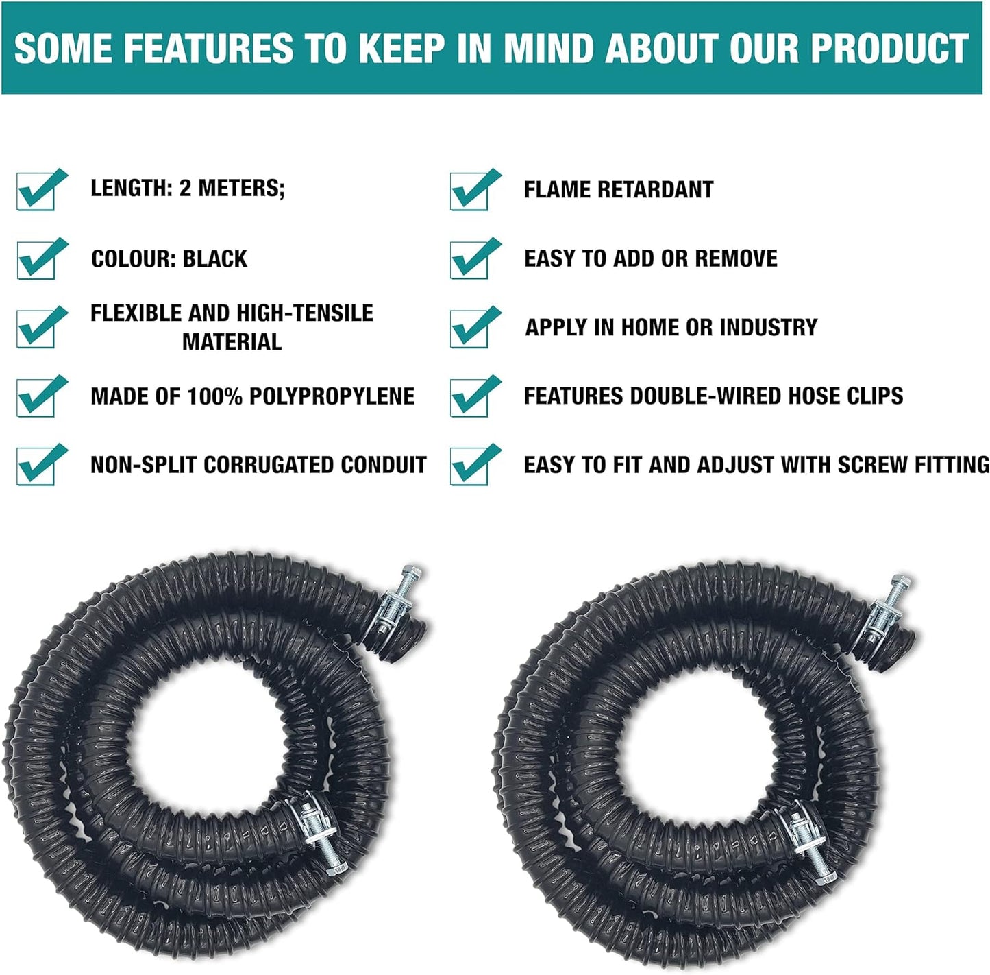 Corrugated Flexible Hose Pond Pipe 25mm / 1"– 2-Meter with Advanced Double-Wired Hose Clips for Pond Pumps, Filters, Drainage – Corrugated Water Butt Connector Pipe - Black