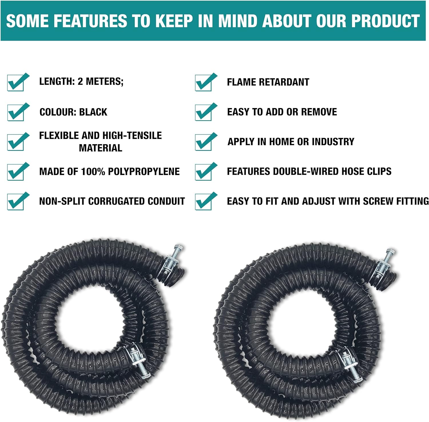 Corrugated Flexible Hose Pond Pipe 25mm / 1"– 2-Meter with Advanced Double-Wired Hose Clips for Pond Pumps, Filters, Drainage – Corrugated Water Butt Connector Pipe - Black