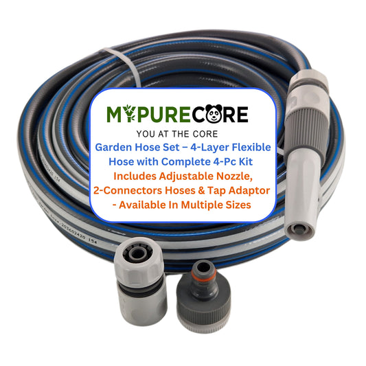 Garden Hose Set – 4-Layer Flexible Hose with Complete 4-Pc Kit – Adjustable Nozzle, 2 Connectors for 1/2" & 5/8" Hoses, Female Thread Tap Adaptor – Kink-Resistant, UV-Protected