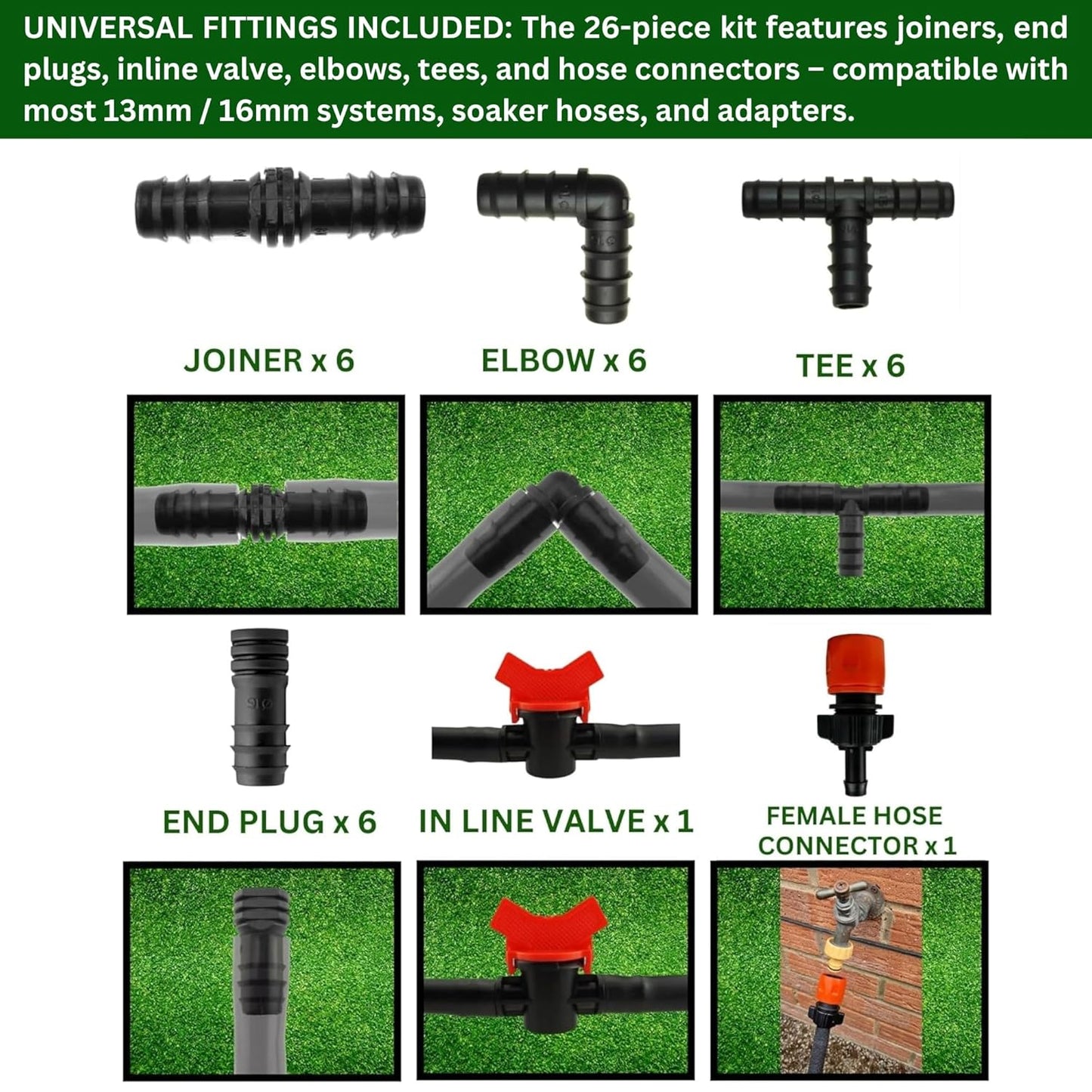 Irrigation Pipe 13mm / 16mm & 26-Pc Fittings Kit – LDPE Garden Watering Hose Set – Heavy Duty UV Resistant Tubing