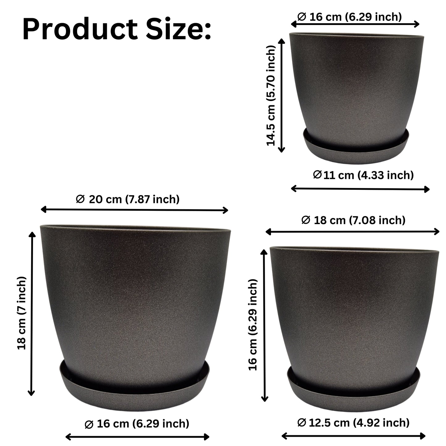 Set of 3 Plant Pots Indoor with Saucers – Matte Plastic Flower Pots (20cm, 18cm, 16cm) – Durable Indoor & Outdoor Planters for House Plants, Herbs & Succulents, Black Graphite