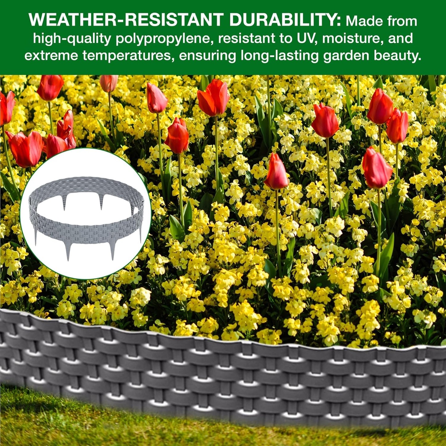 Black, Gray, Brown Rattan Effect Lawn Edging 2.4m - Flexible Plastic Garden Border for Flower Beds & Paths | Weather-Resistant & Recyclable Palisade | Easy Install Edging for Grass, Gravel & Landscape