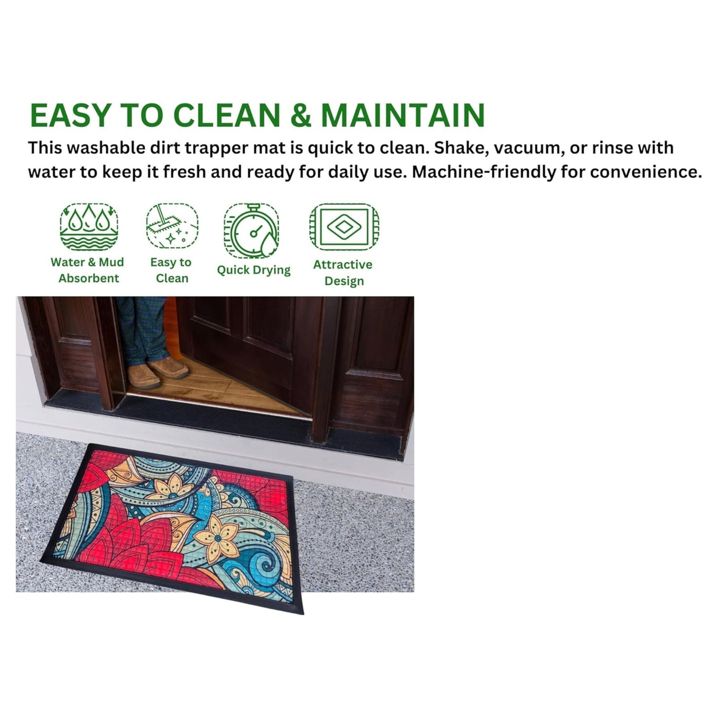 Washable Non-Slip Door Mat - Heavy Duty Ultra-Absorbent Dirt Trapper for Dogs, Mud & Shoes - Indoor/Outdoor Rubber Entrance Rug for Home, Garden & Hallway (75x45cm)