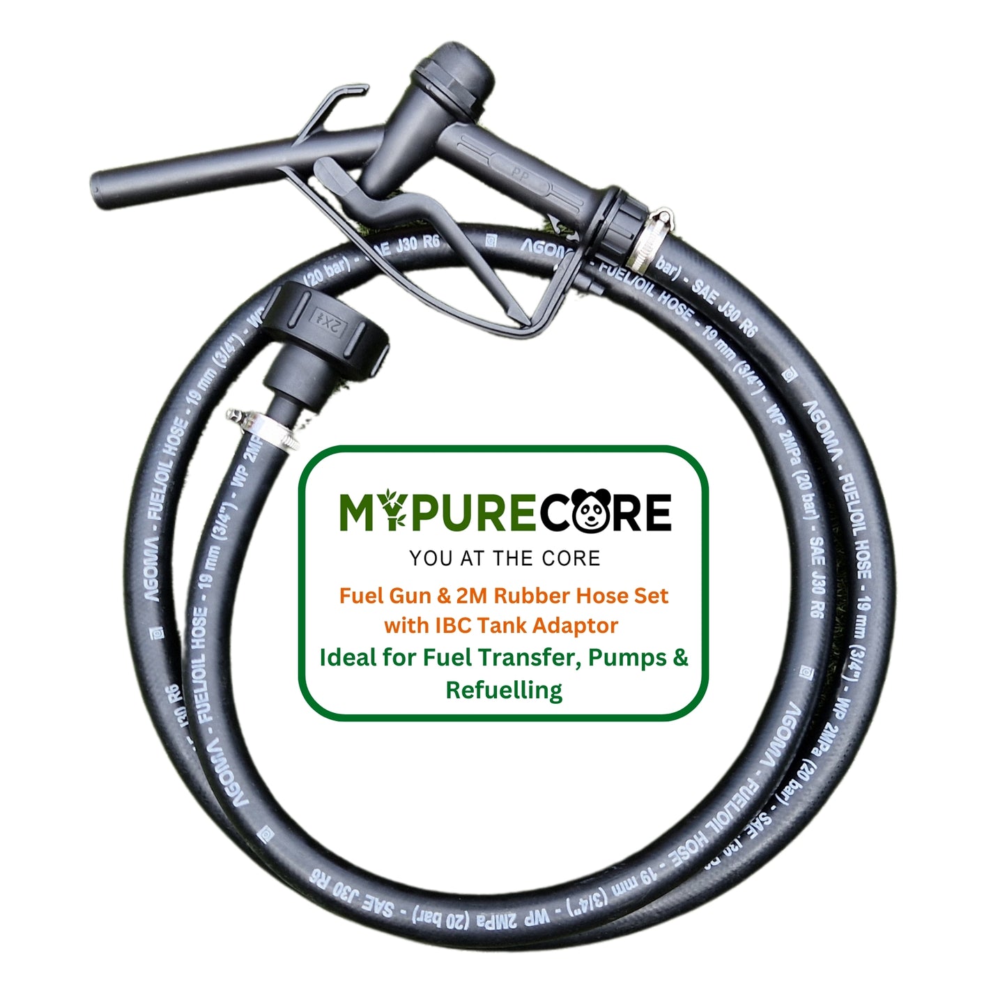 Fuel Gun & 2M Rubber Hose Set with IBC Tank Adaptor | 25mm Nozzle 19mm ID Hose SAE J30R6 Certified | Compatible with Diesel AdBlue, Oil, Petrol | Ideal for Fuel Transfer, Pumps & Refuelling