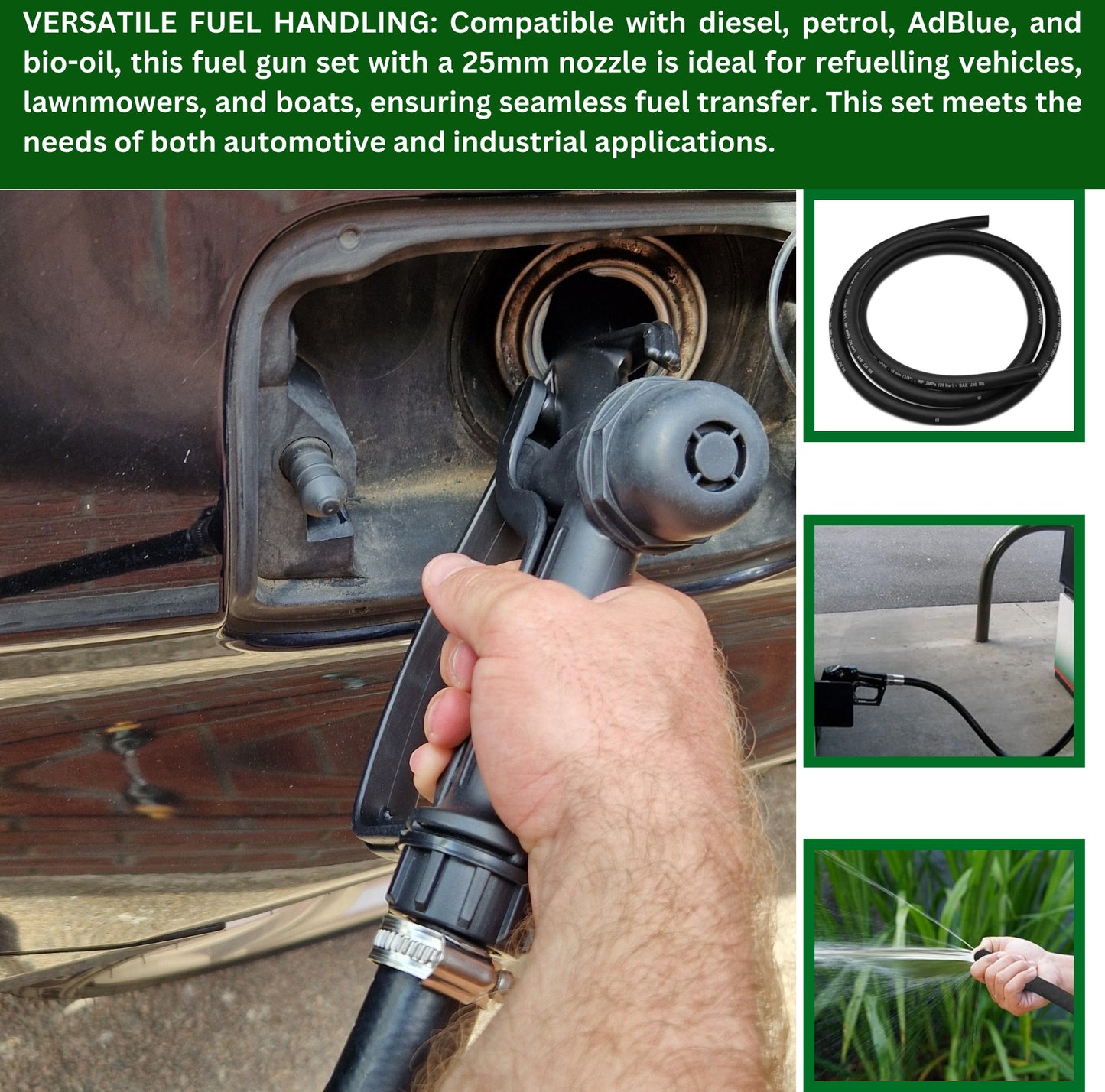 Fuel Gun & 2M Rubber Hose Set with IBC Tank Adaptor | 25mm Nozzle 19mm ID Hose SAE J30R6 Certified | Compatible with Diesel AdBlue, Oil, Petrol | Ideal for Fuel Transfer, Pumps & Refuelling