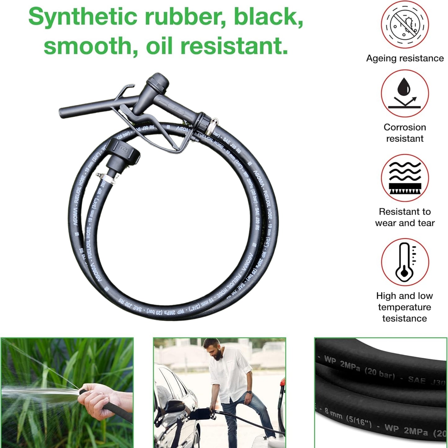 Fuel Gun & 2M Rubber Hose Set with IBC Tank Adaptor | 25mm Nozzle 19mm ID Hose SAE J30R6 Certified | Compatible with Diesel AdBlue, Oil, Petrol | Ideal for Fuel Transfer, Pumps & Refuelling