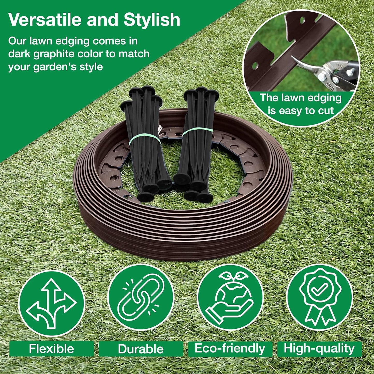 10m of Flexible Brown Garden Edging Border - Complete with 20 Securing Pegs for Perfect Flower Beds, Lawns, and Pavement Design (40mm High)