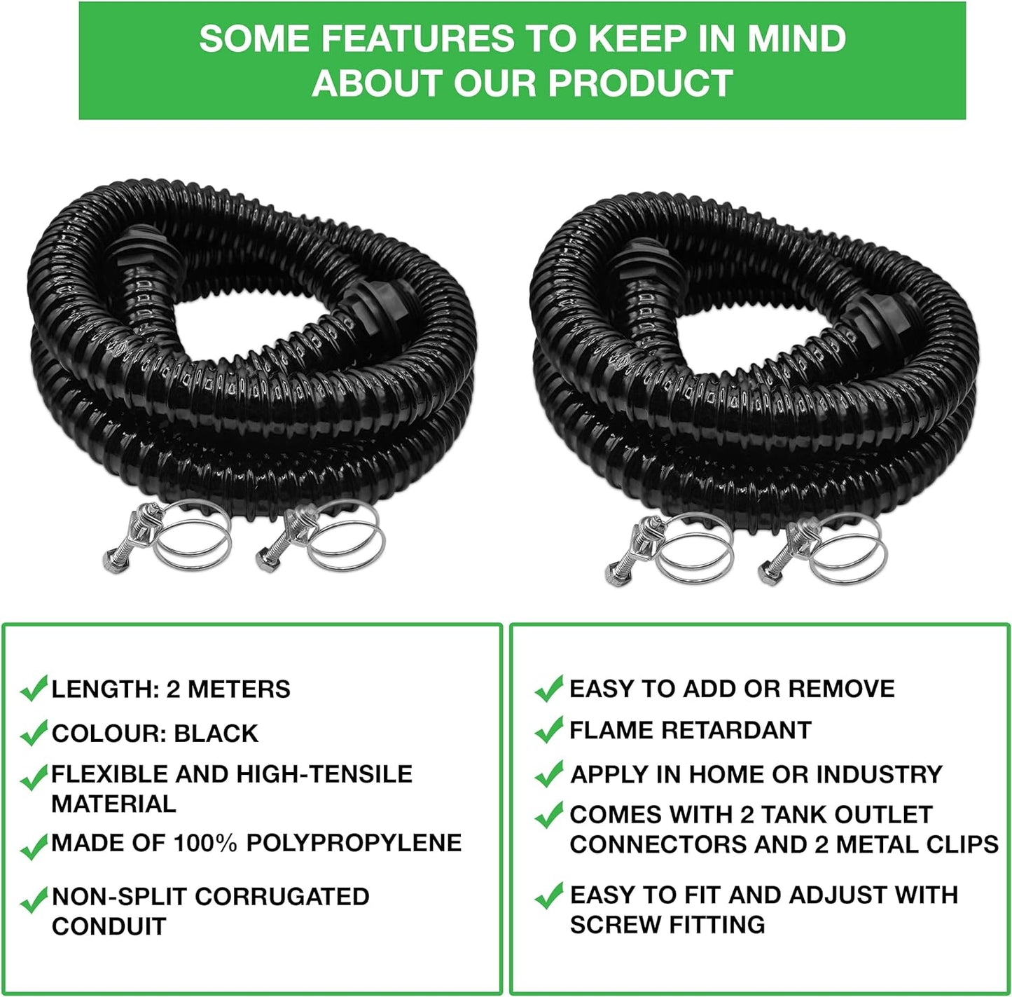 Premium Corrugated Flexible Hose Pond Pipe Set 25mm / 1"– 2-Meter with 2 Double-Wired Hose Clips and 2 Heavy Duty Plastic Barbed Water Butt Tank Outlet Connectors Pipe - Black