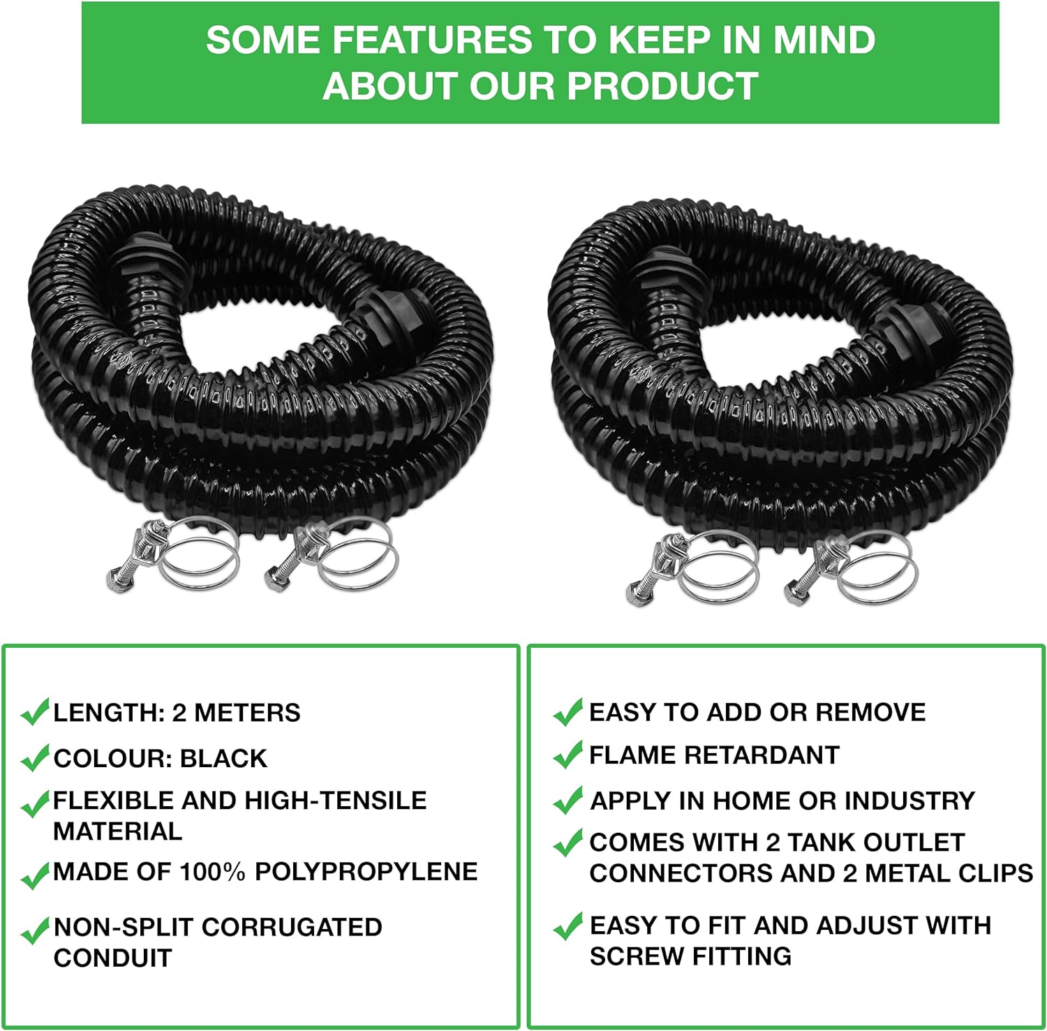 Premium Corrugated Flexible Hose Pond Pipe Set 25mm / 1"– 2-Meter with 2 Double-Wired Hose Clips and 2 Heavy Duty Plastic Barbed Water Butt Tank Outlet Connectors Pipe - Black