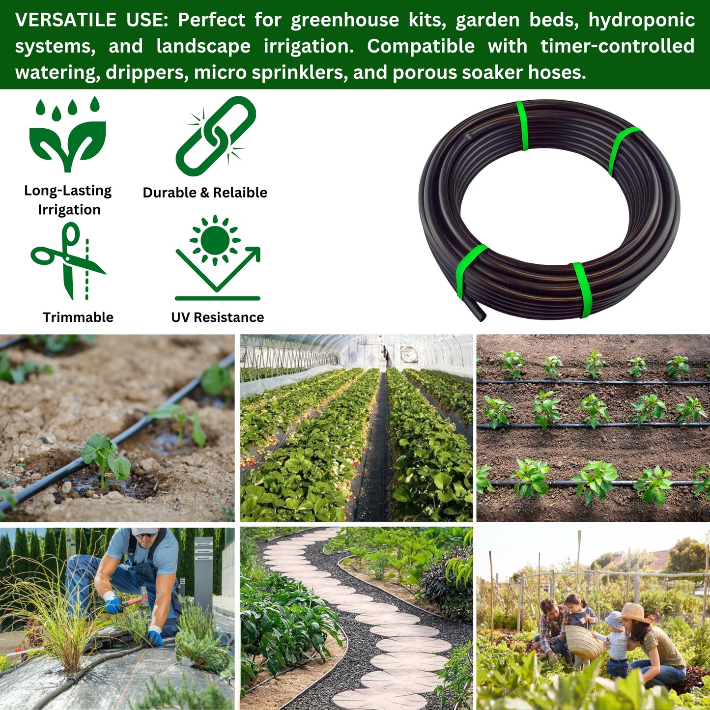 Irrigation Pipe 13mm / 16mm LDPE Garden Watering Hose – Heavy Duty UV Resistant Black Tubing Roll for Drip System, Greenhouse, Outdoor Plant Irrigation – Flexible Hose Pipe